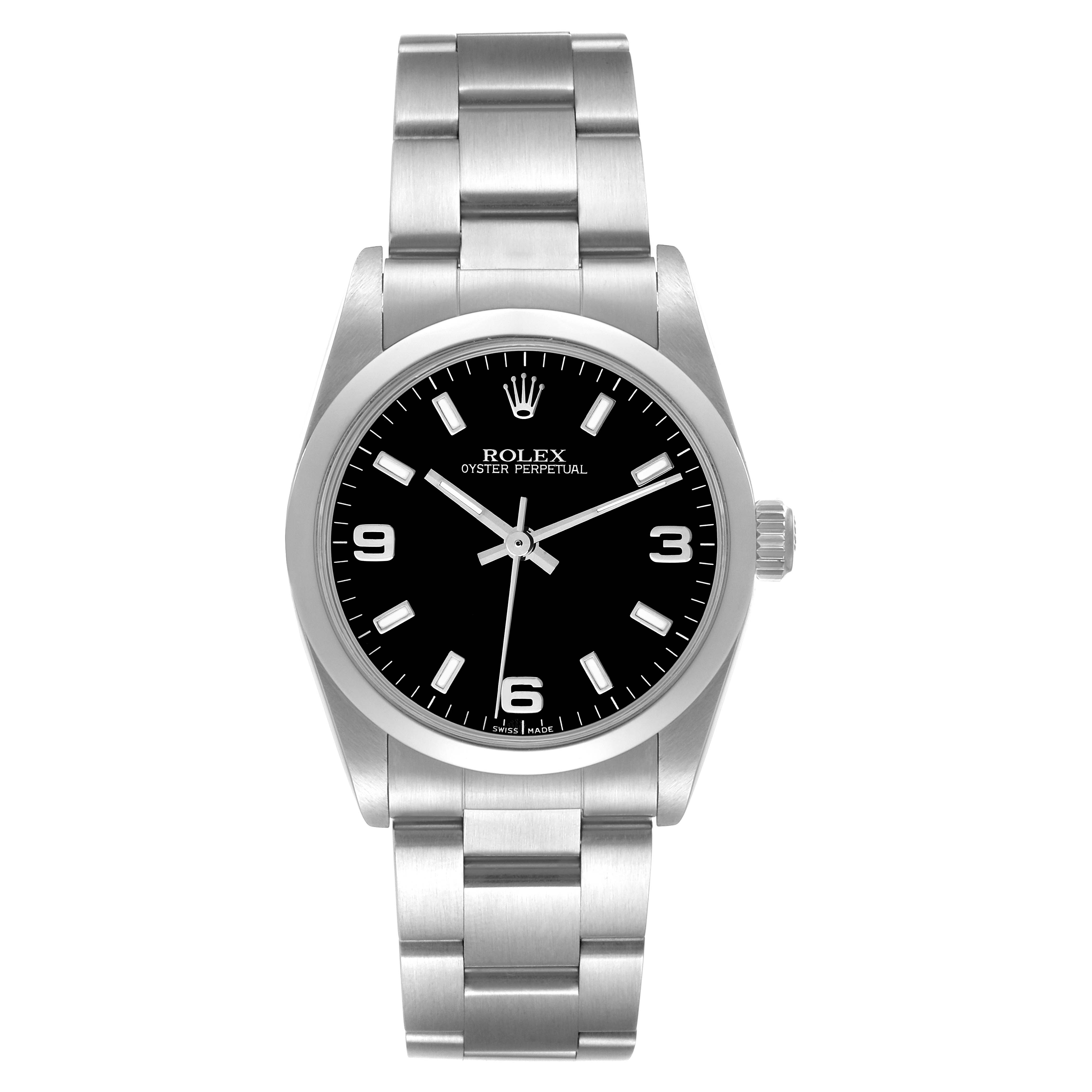 The image shows a front view of a Mid-Size Rolex Oyster Perpetual watch with a stainless steel bracelet and black dial.