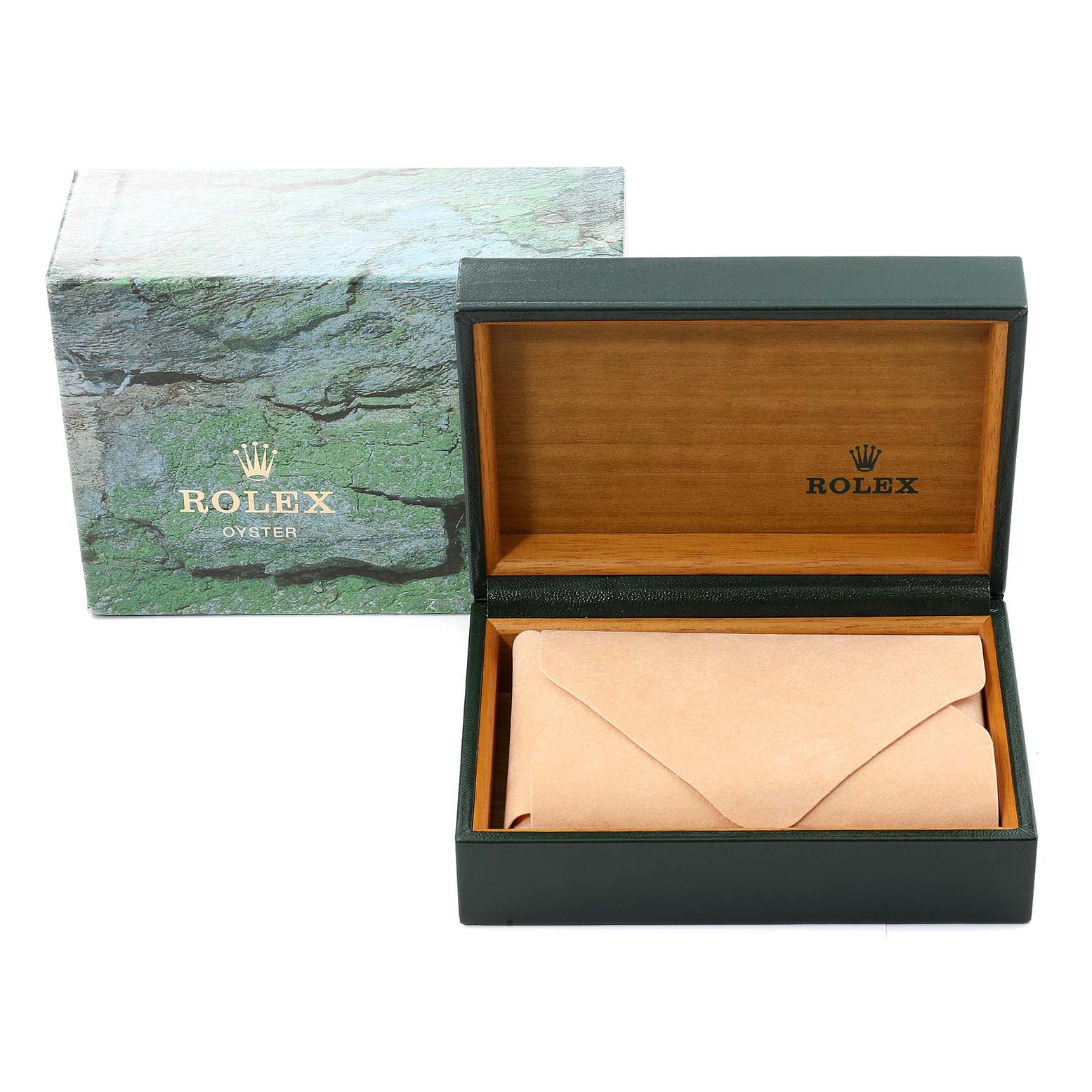 The image shows a Rolex Mid-Size 77080 Women
s Stainless Steel Black Dial 77080 Women
s Stainless Steel Black Dial model watch packaging, including an outer box and an open inner box with a beige envelope.