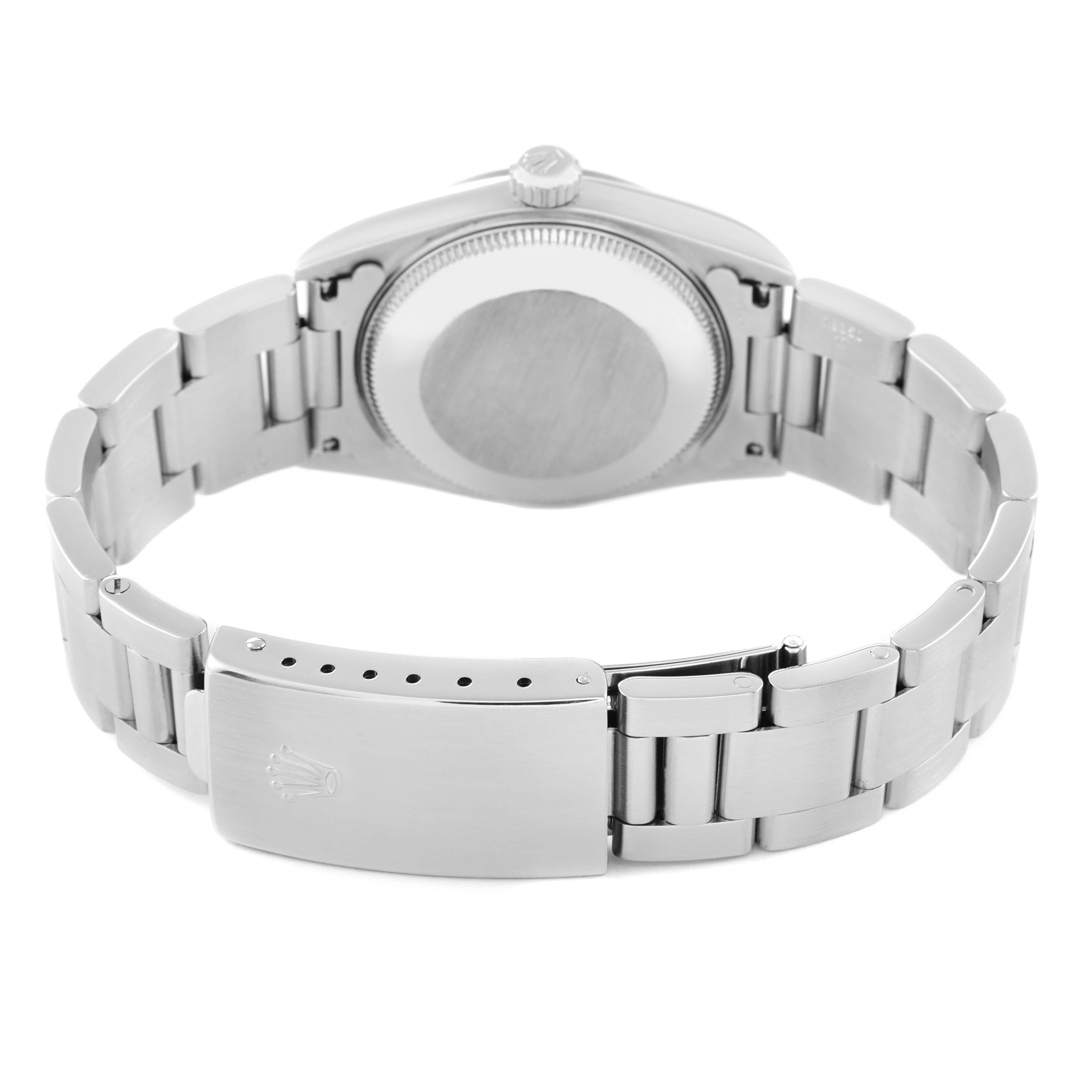 The image shows the back view of a Mid-Size Rolex watch, highlighting the case back, bracelet, and clasp.