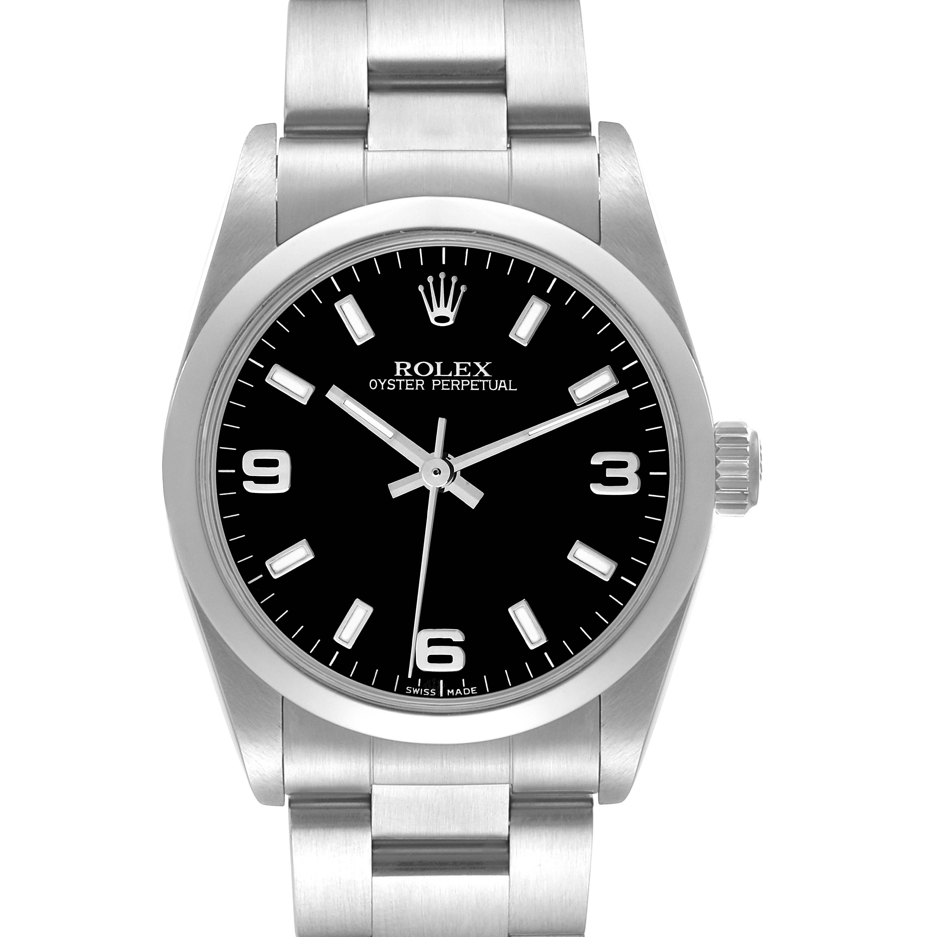 The image shows a Rolex Oyster Perpetual Mid-Size watch, highlighting its dial, bezel, case, crown, and bracelet from a front angle.