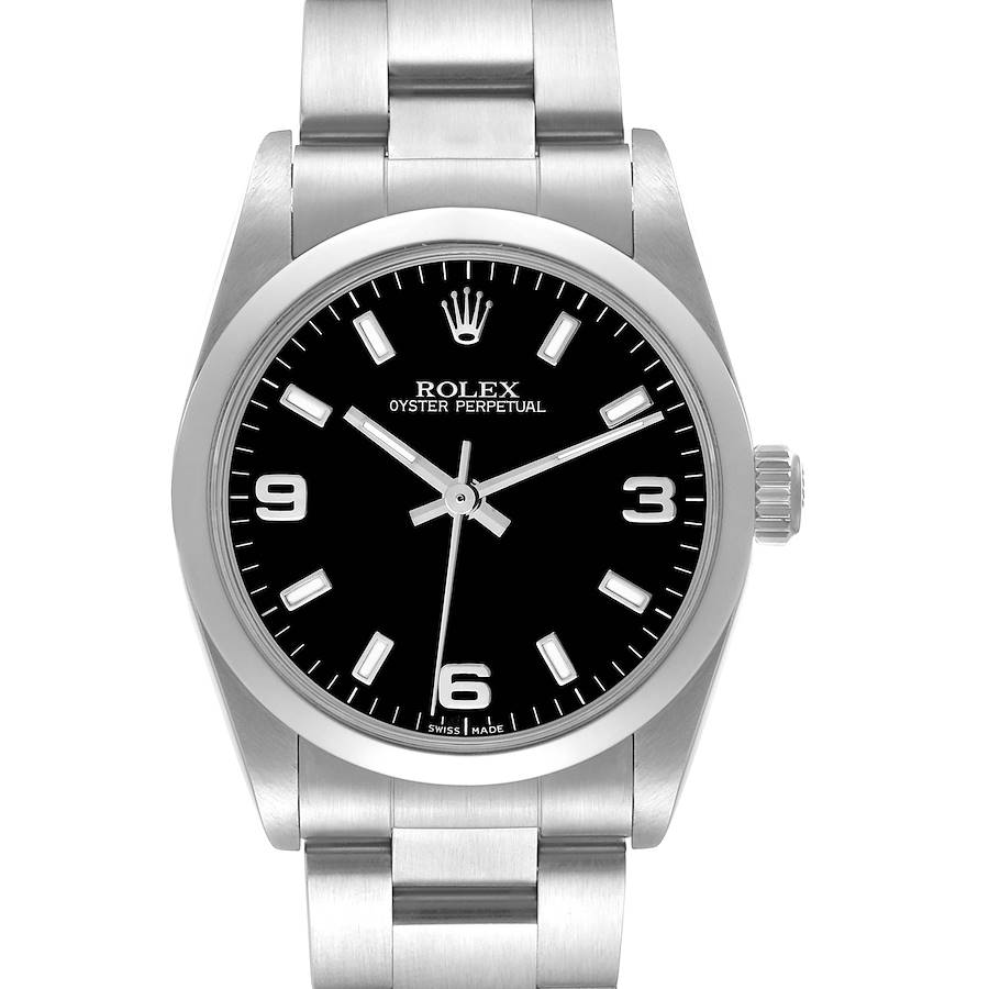 Rolex Midsize 31 Black Dial Domed Bezel Steel Ladies Watch 77080 SwissWatchExpo