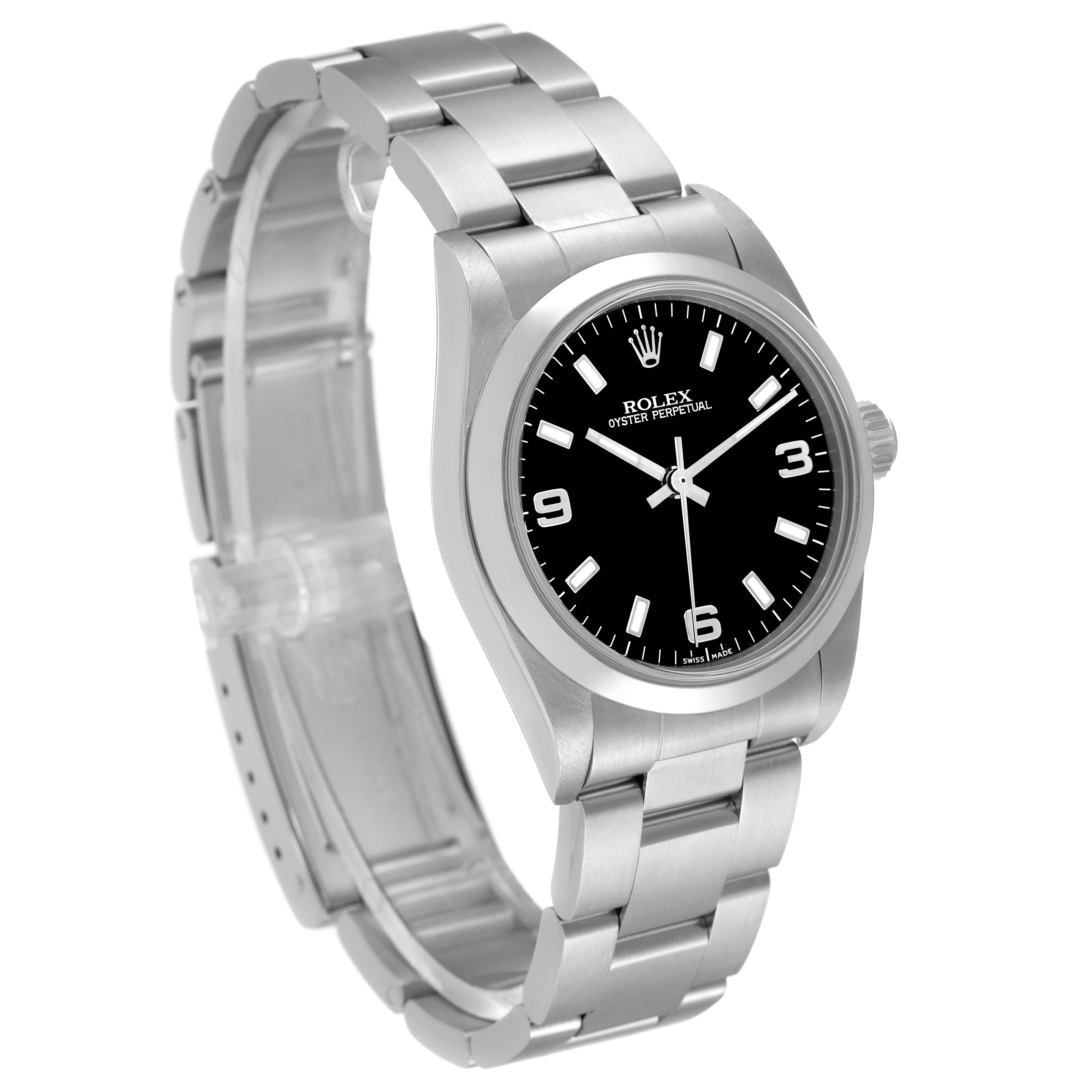 This image shows a Rolex Mid-Size 77080 Women
s Stainless Steel Black Dial 77080 Women
s Stainless Steel Black Dial Oyster Perpetual watch at an angle highlighting its bracelet, dial, and crown.