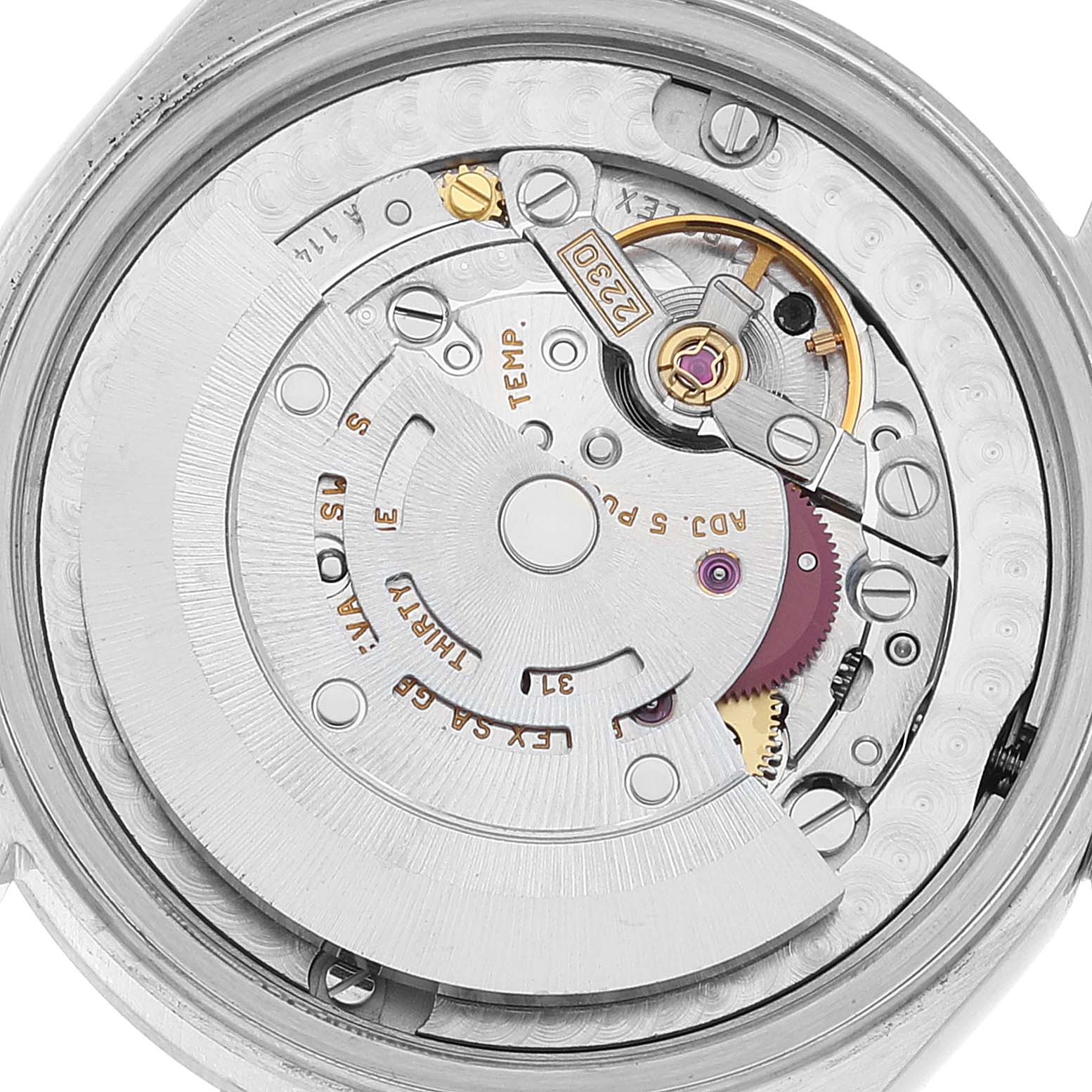 This image shows the internal movement mechanism of a Rolex Mid-Size 77080 Women
s Stainless Steel Black Dial 77080 Women
s Stainless Steel Black Dial watch from a top-down angle.