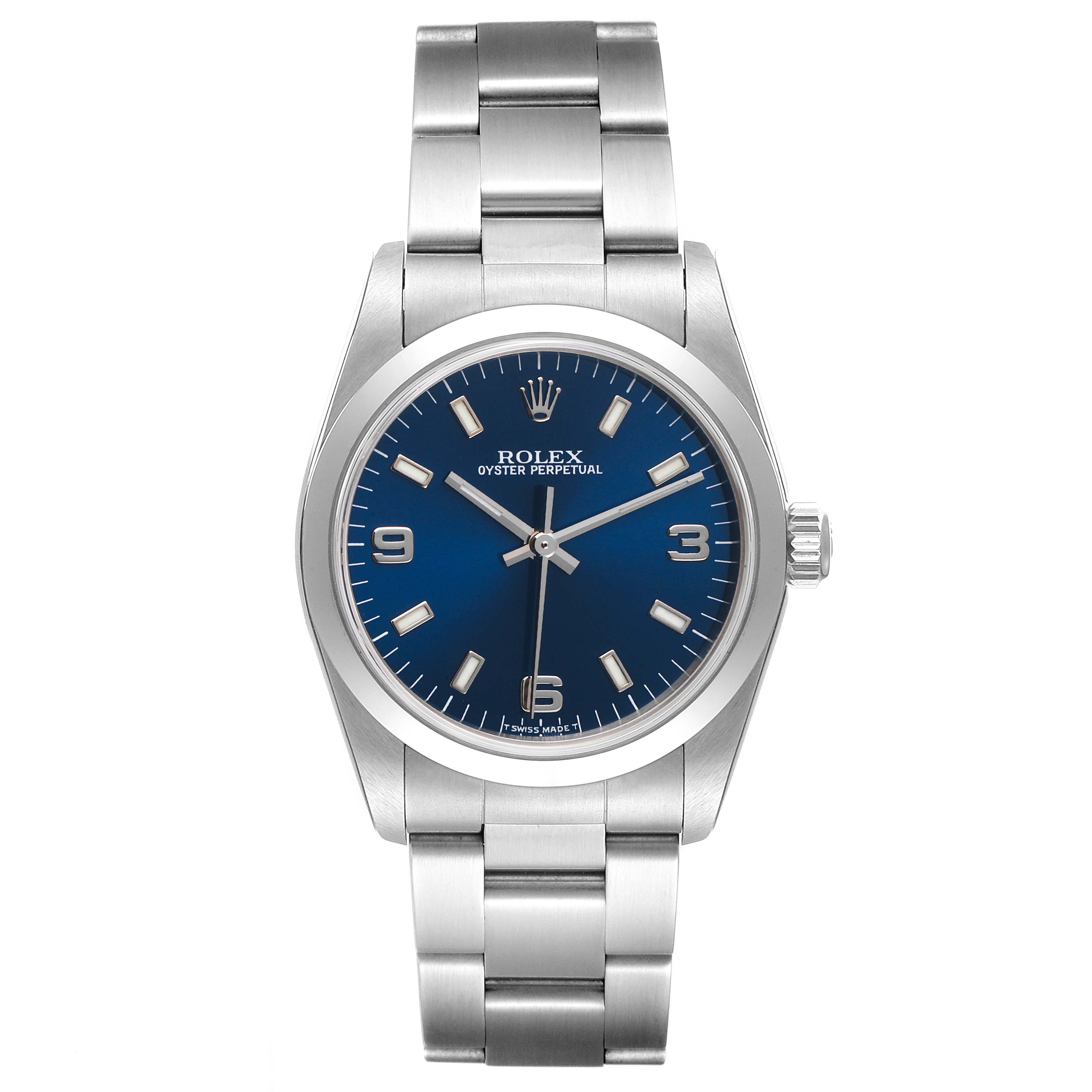 This image shows the front view of a Rolex Mid-Size 77080 Women
s Stainless Steel Blue Dial 77080 Women
s Stainless Steel Blue Dial Oyster Perpetual watch with a blue dial and silver bracelet.