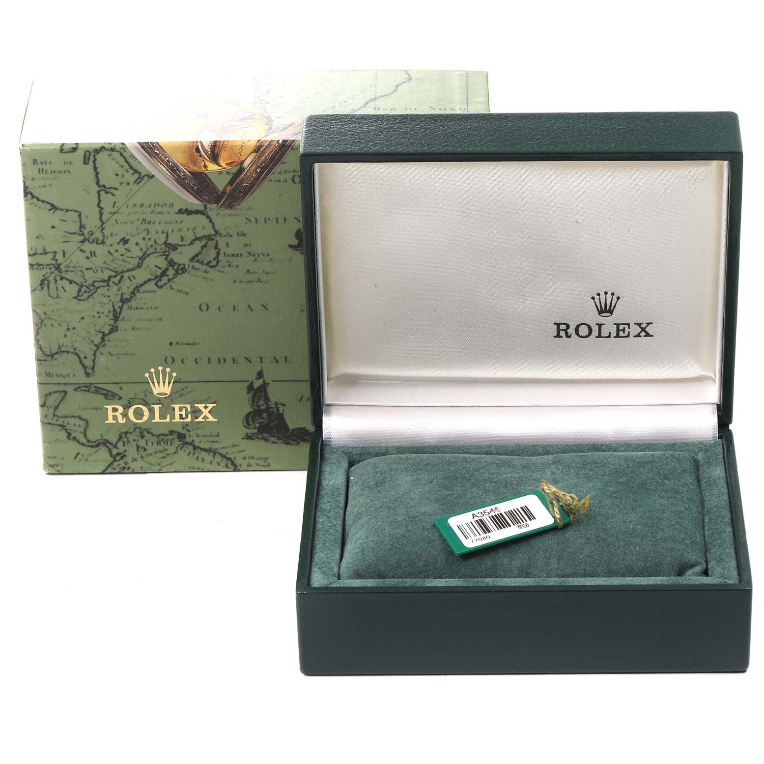 The image shows a green Rolex box and cushion for the Mid-Size model, displayed at a front angle with a tag on the cushion.