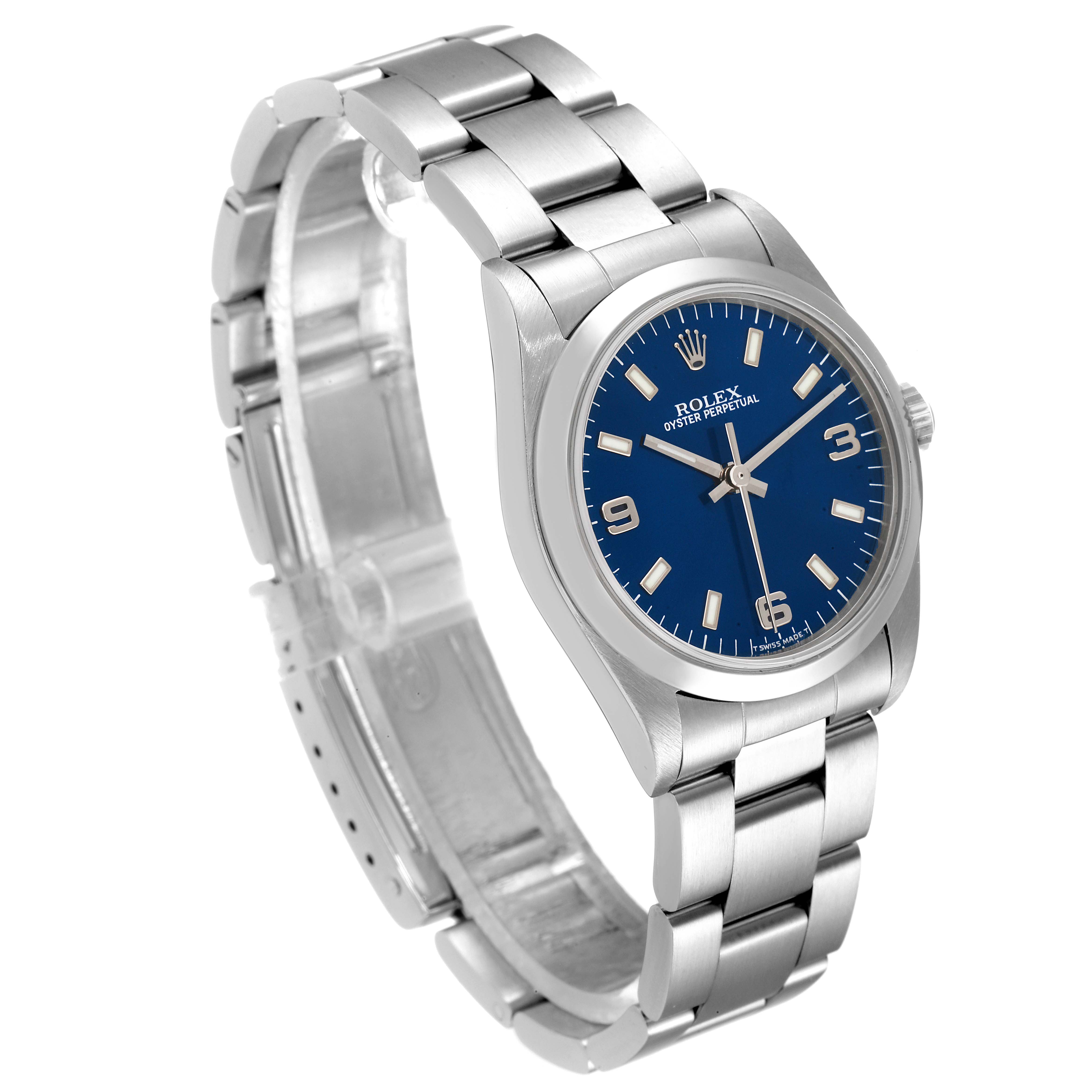 The image shows a Mid-Size Rolex watch from a three-quarter angle, displaying the face, crown, and part of the bracelet.