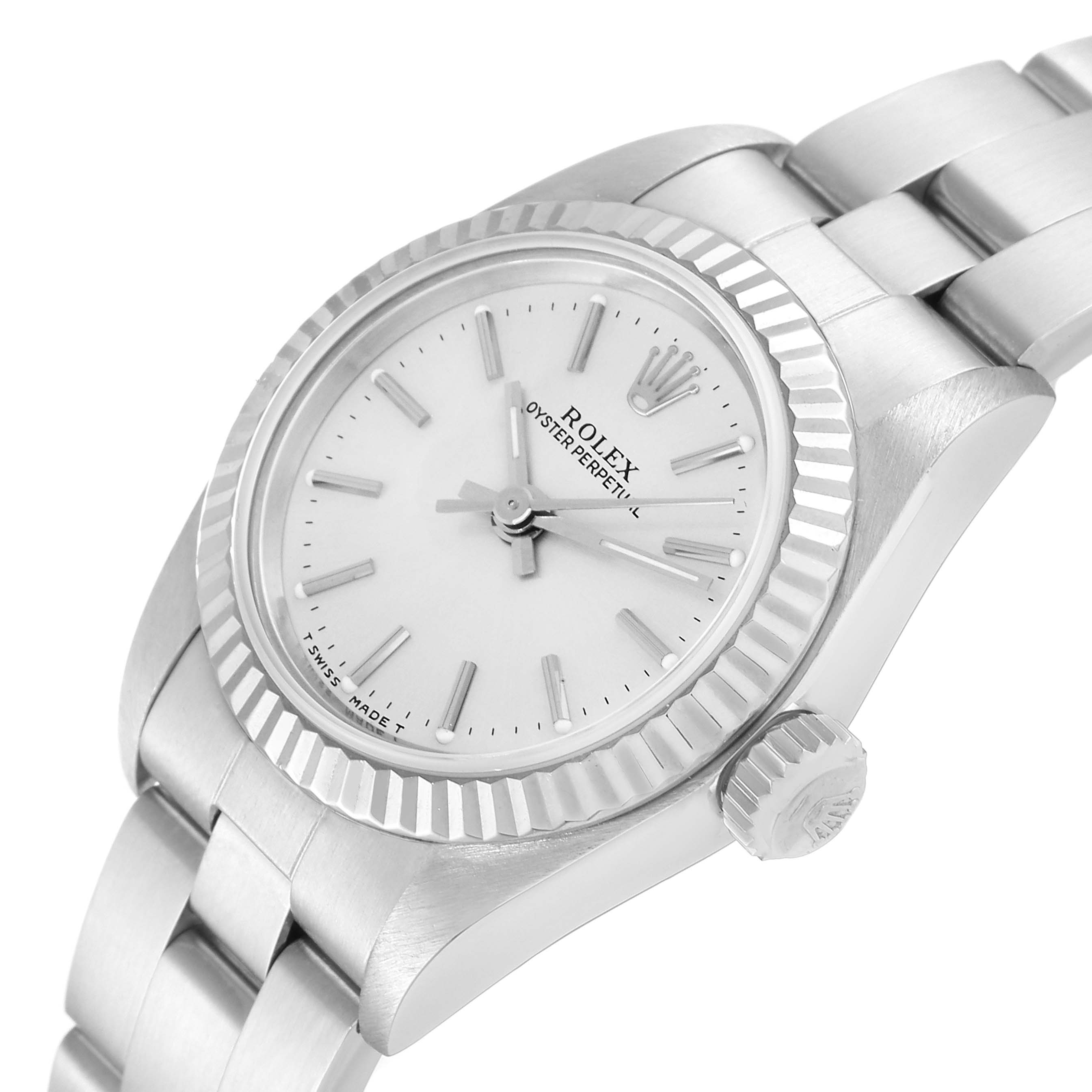 The image shows a Rolex Oyster Perpetual 67194 Women
s Stainless Steel Silver Dial 67194 Women
s Stainless Steel Silver Dial watch angled slightly from the front, highlighting the dial, bezel, crown, and part of the bracelet.