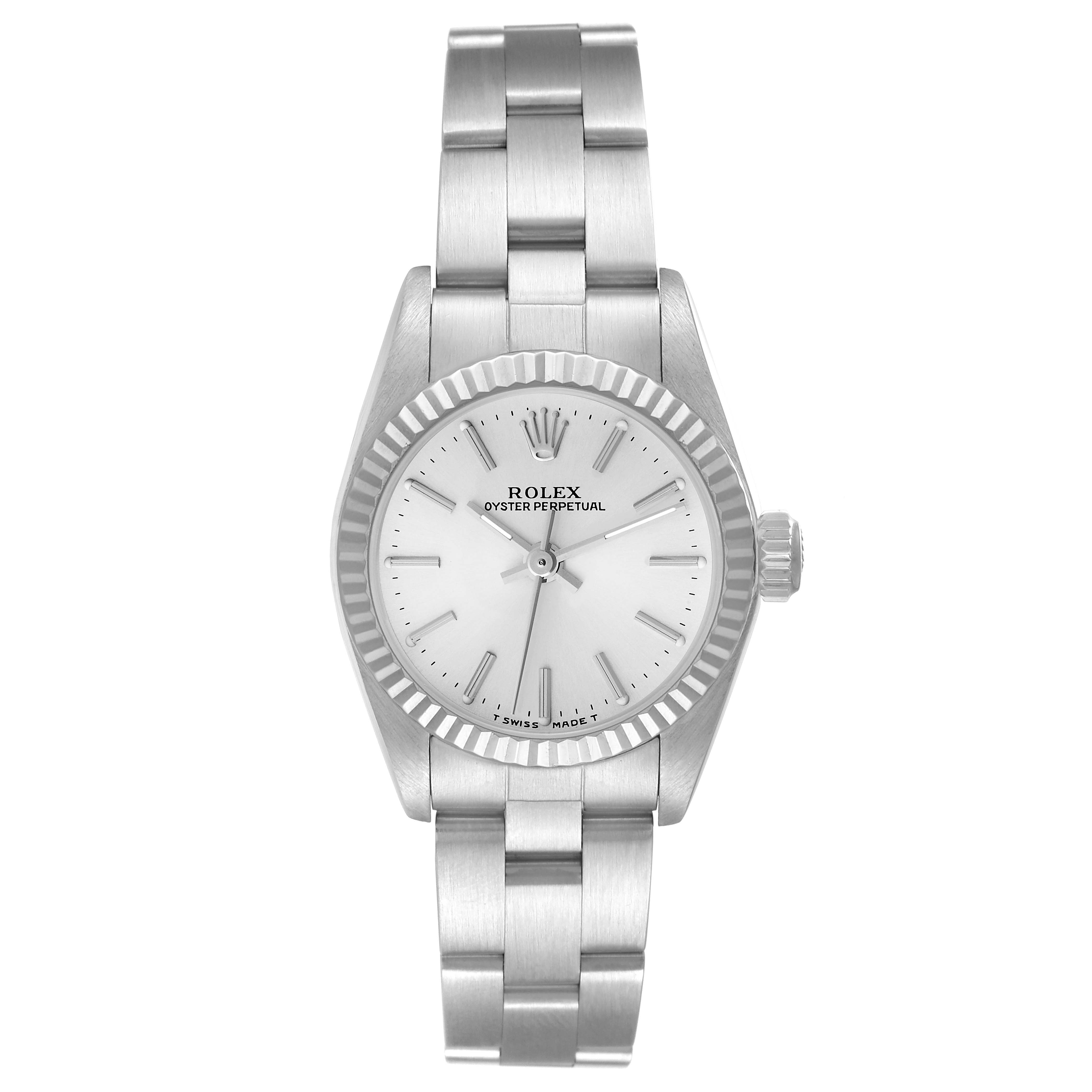 This image shows the front view of a Rolex Oyster Perpetual 67194 Women
s Stainless Steel Silver Dial 67194 Women
s Stainless Steel Silver Dial watch, displaying the dial, bezel, and bracelet.