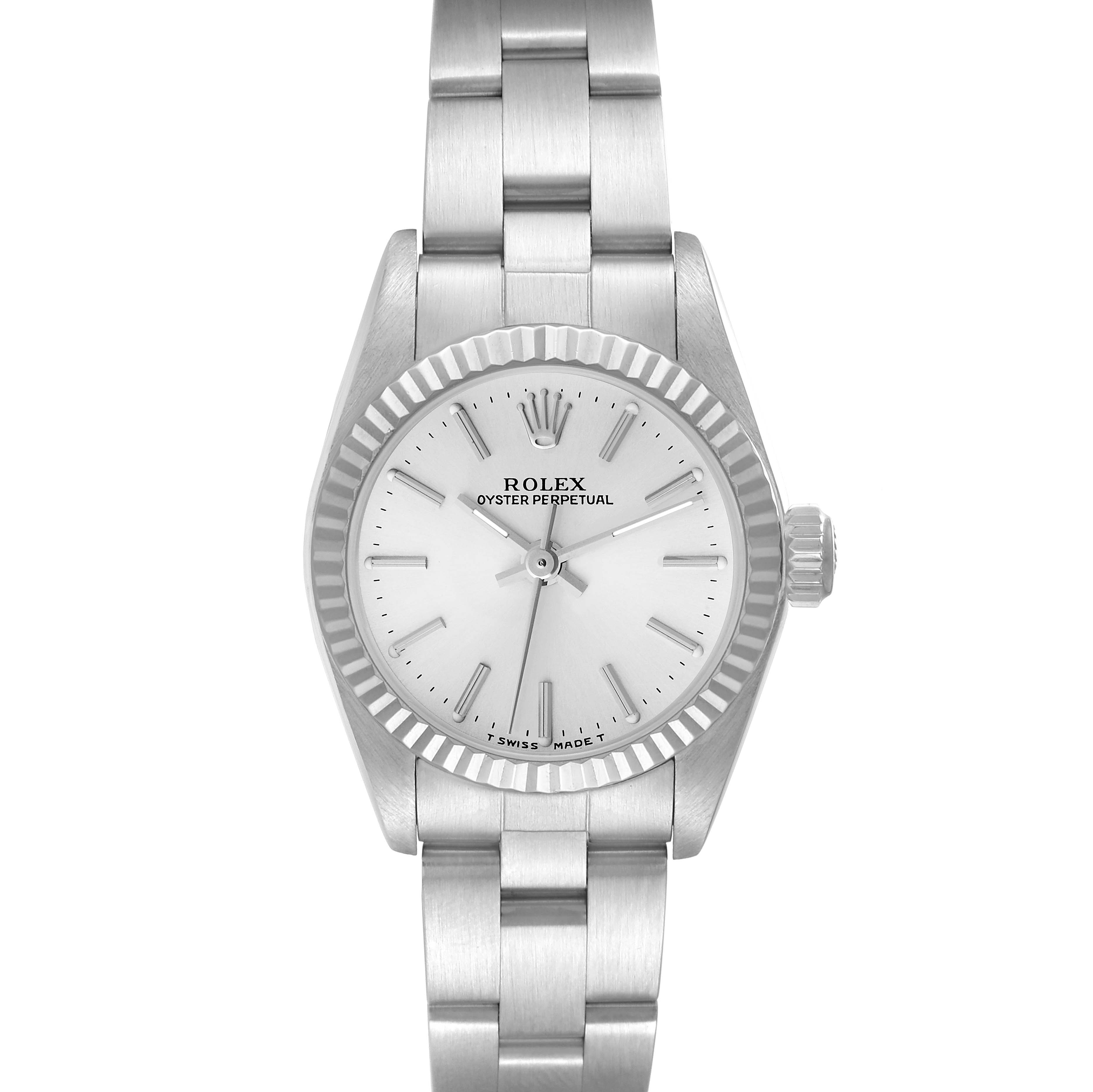 The Rolex Oyster Perpetual 67194 Women
s Stainless Steel Silver Dial 67194 Women
s Stainless Steel Silver Dial watch is shown from a front view, displaying the face, bezel, and bracelet.
