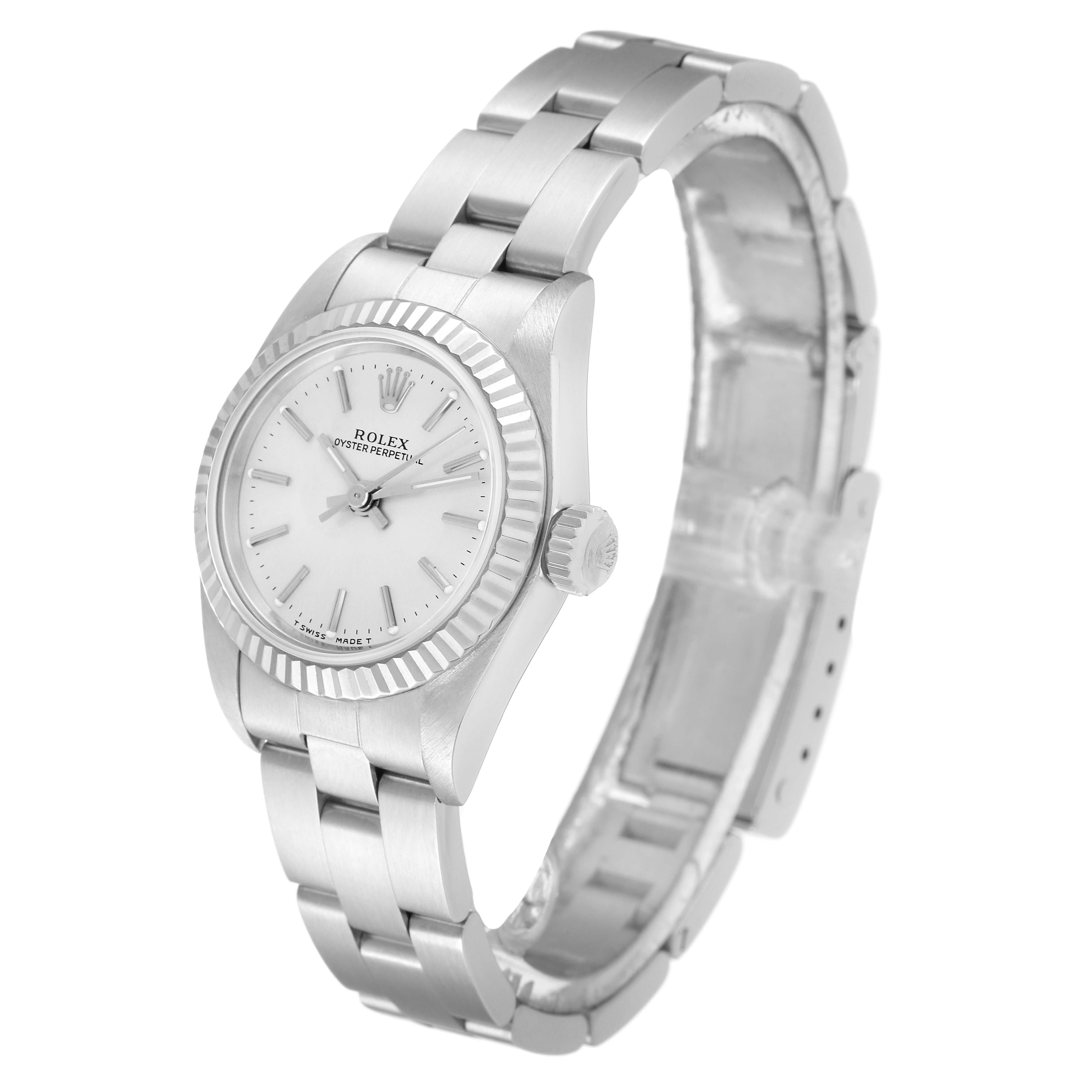 This image shows a Rolex Oyster Perpetual 67194 Women
s Stainless Steel Silver Dial 67194 Women
s Stainless Steel Silver Dial watch from a side angle, displaying the face, bezel, crown, and band.