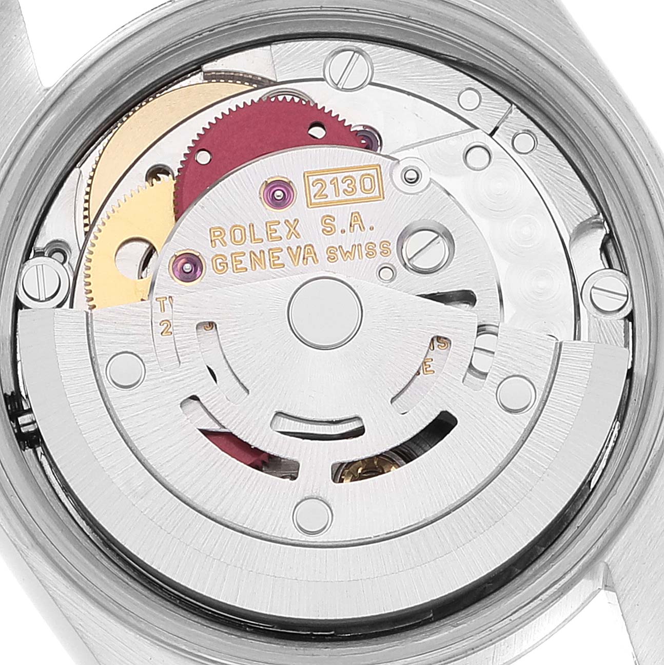 The image shows the internal movement mechanism of a Rolex Oyster Perpetual 67194 Women
s Stainless Steel Silver Dial 67194 Women
s Stainless Steel Silver Dial watch from a rear view angle.