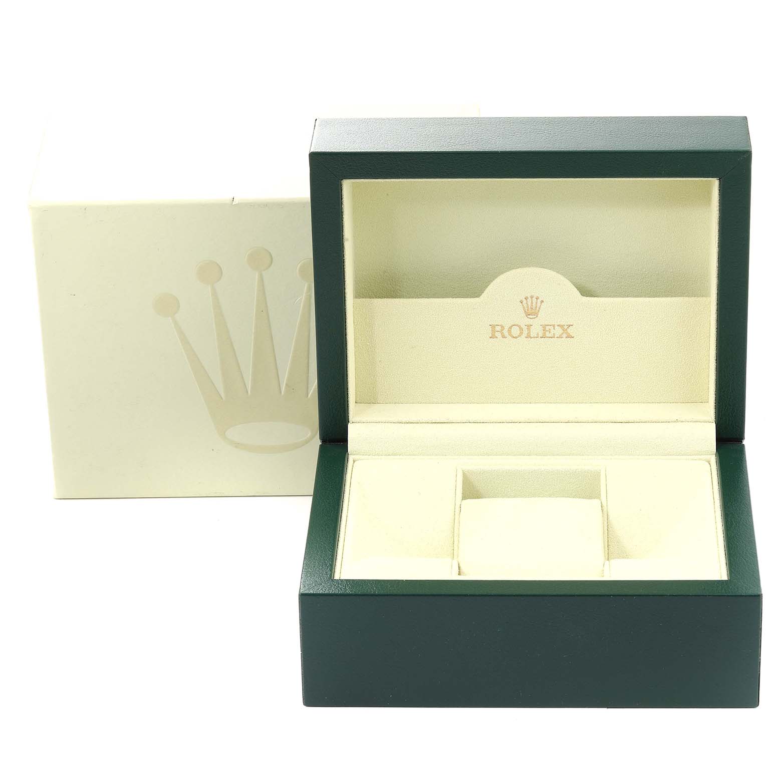 The image shows an open Rolex Oyster Perpetual 176210 Women's Stainless Steel White Dial 176210 Women's Stainless Steel White Dial watch box with a green exterior and cream interior, along with the outer box.