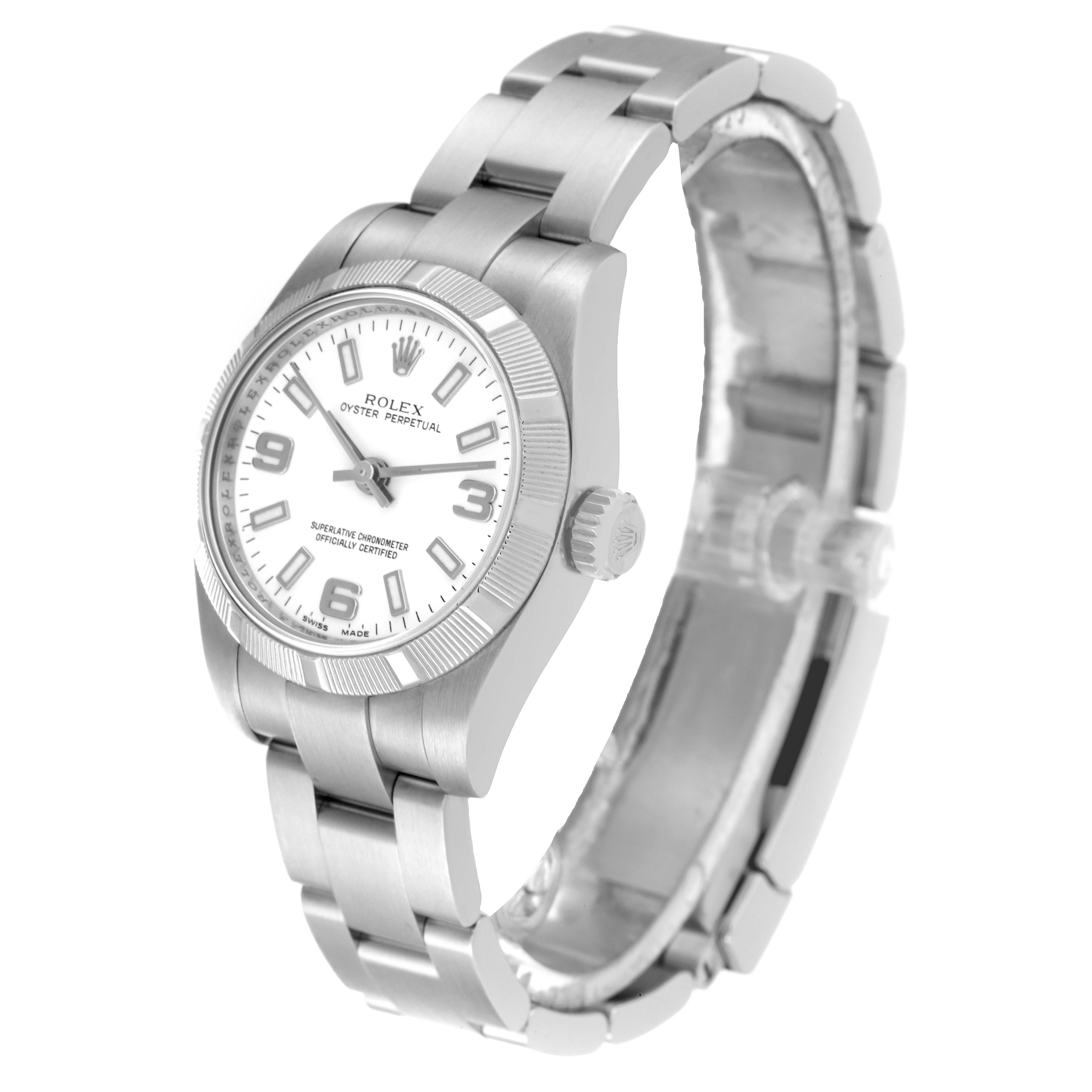 This image shows a side and front view of a Rolex Oyster Perpetual 176210 Women's Stainless Steel White Dial 176210 Women's Stainless Steel White Dial watch, including the face, crown, and bracelet.