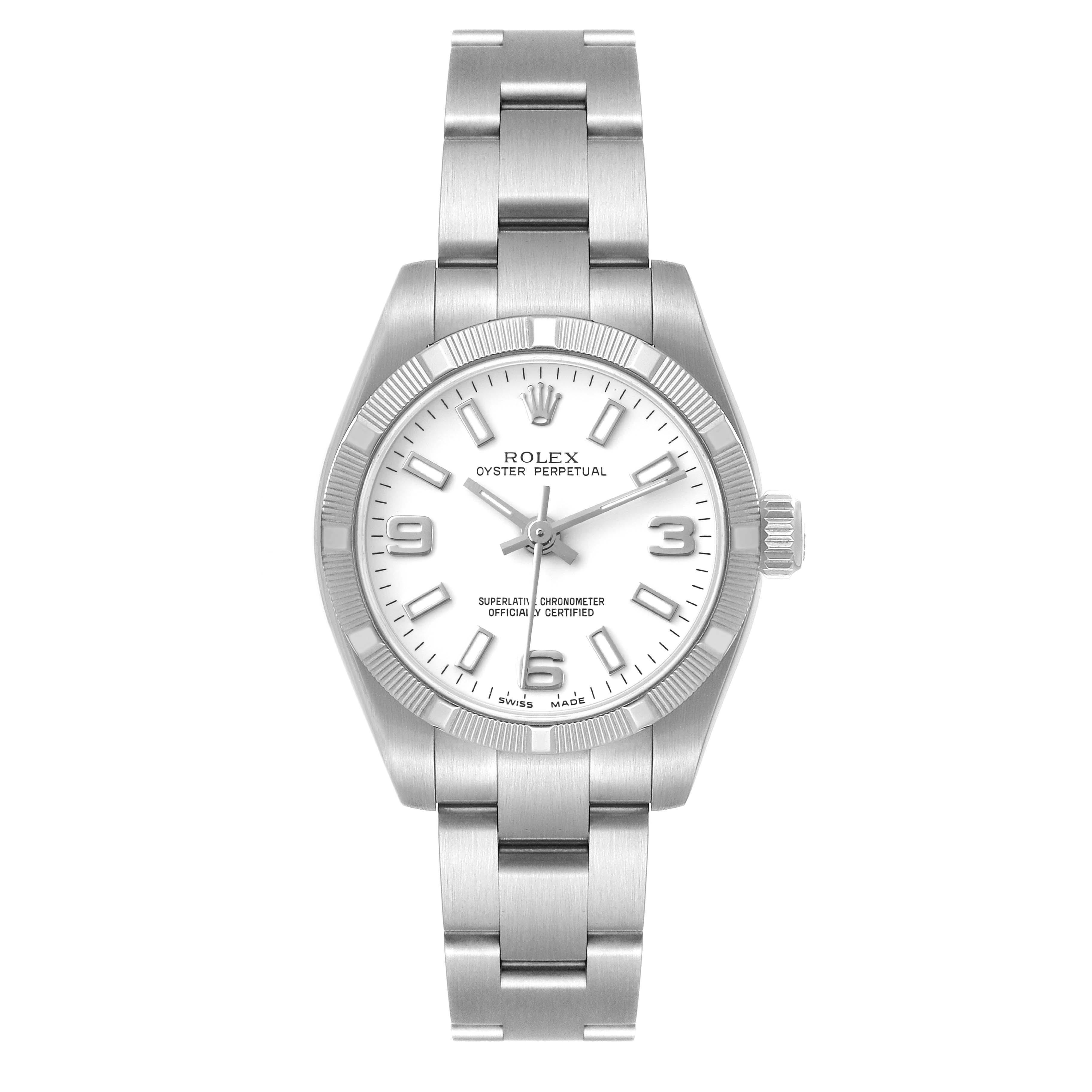 This image shows a front view of a Rolex Oyster Perpetual 176210 Women's Stainless Steel White Dial 176210 Women's Stainless Steel White Dial watch, displaying the dial, bezel, and bracelet.