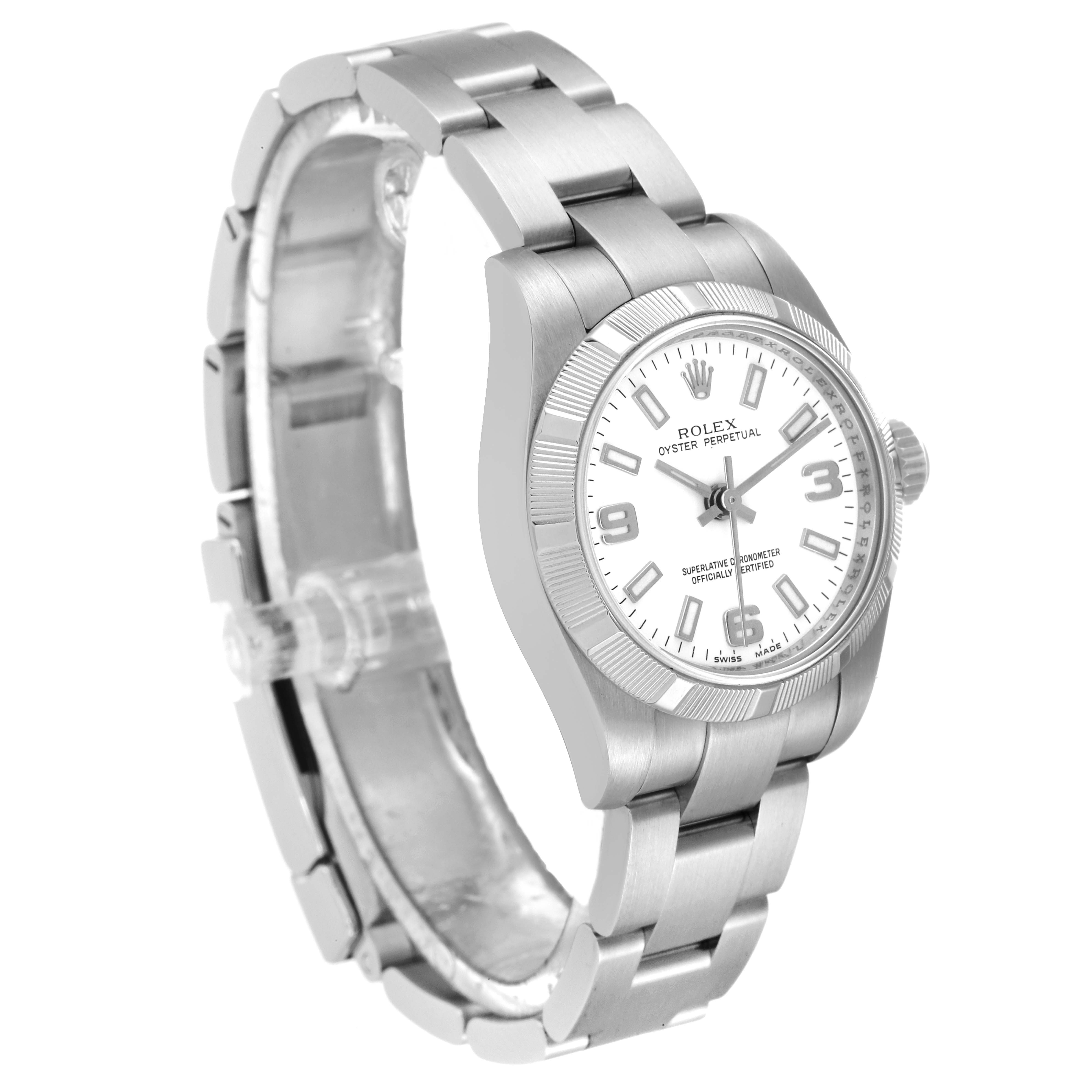 The image shows a Rolex Oyster Perpetual 176210 Women's Stainless Steel White Dial 176210 Women's Stainless Steel White Dial watch angled to display the watch face and part of the band.