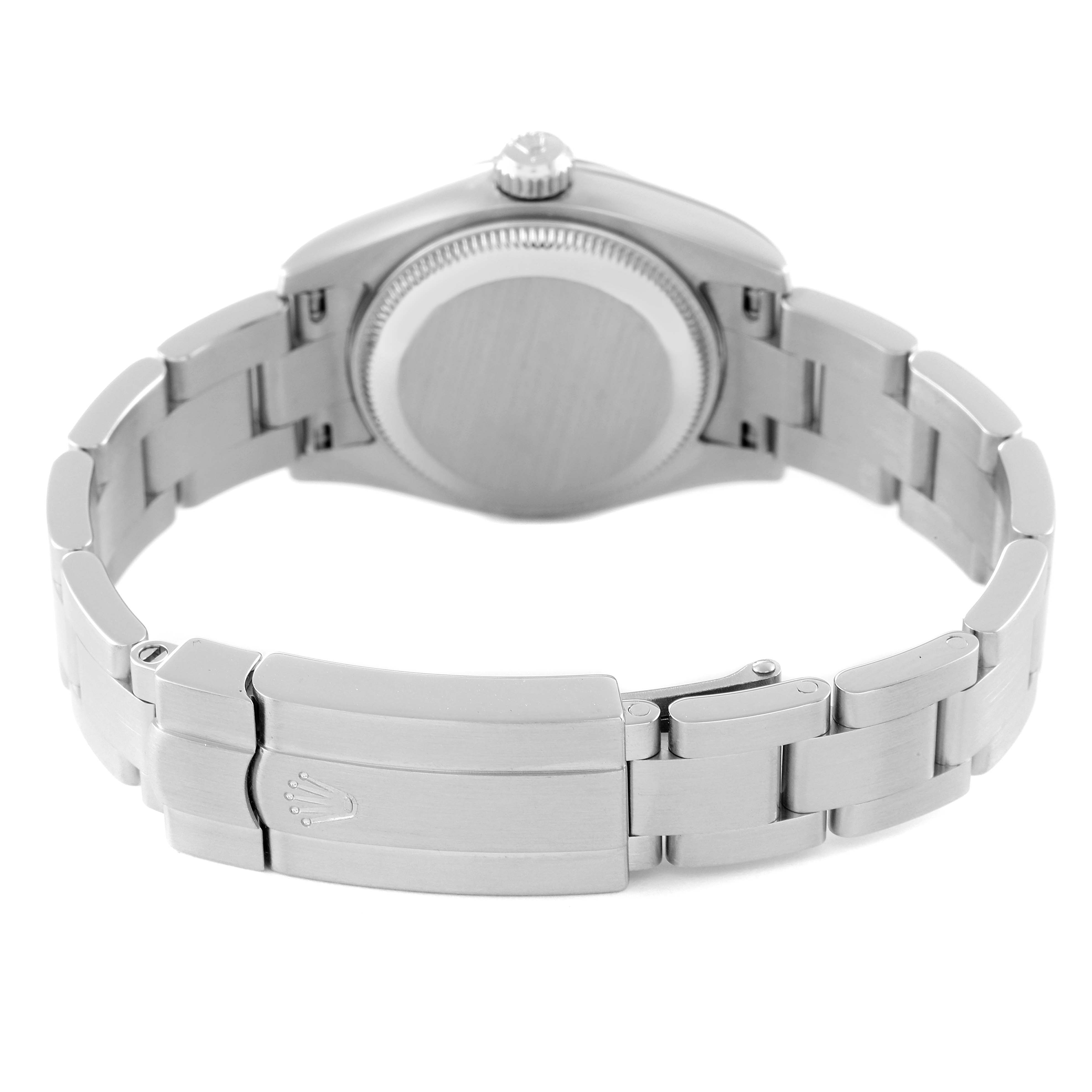 This image shows the back view of a Rolex Oyster Perpetual 176210 Women's Stainless Steel White Dial 176210 Women's Stainless Steel White Dial watch, including the bracelet and clasp.