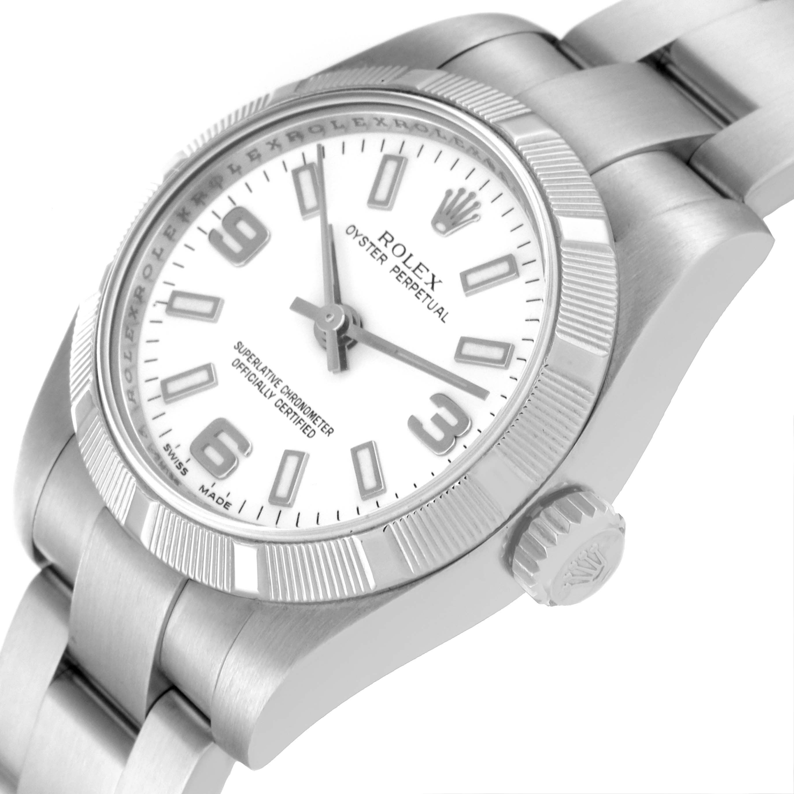 The image shows a close-up angle of the Rolex Oyster Perpetual 176210 Women's Stainless Steel White Dial 176210 Women's Stainless Steel White Dial watch, highlighting the dial, bezel, crown, and part of the bracelet.