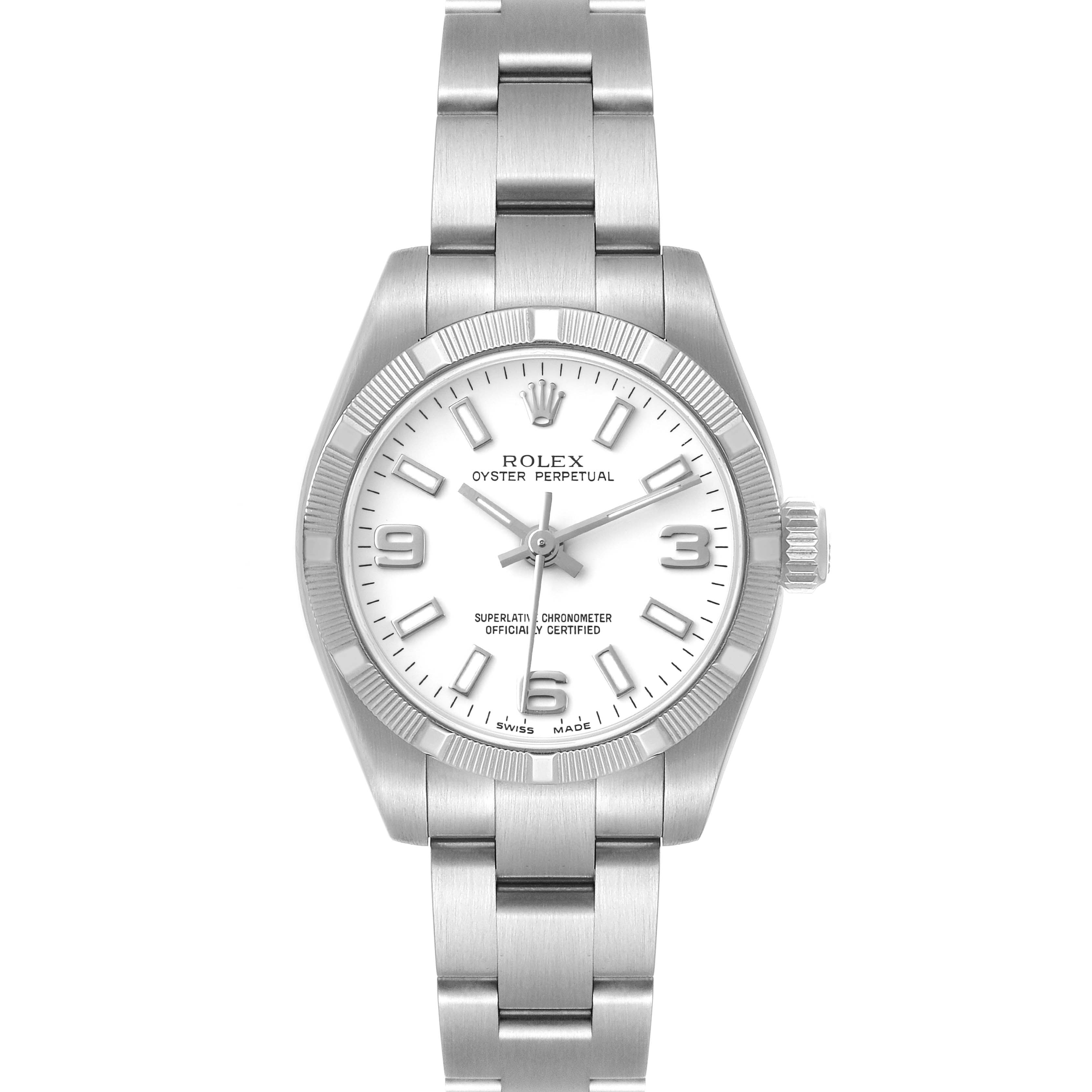 This image shows the face, bezel, bracelet, and crown of the Rolex Oyster Perpetual 176210 Women's Stainless Steel White Dial 176210 Women's Stainless Steel White Dial watch from a front angle.