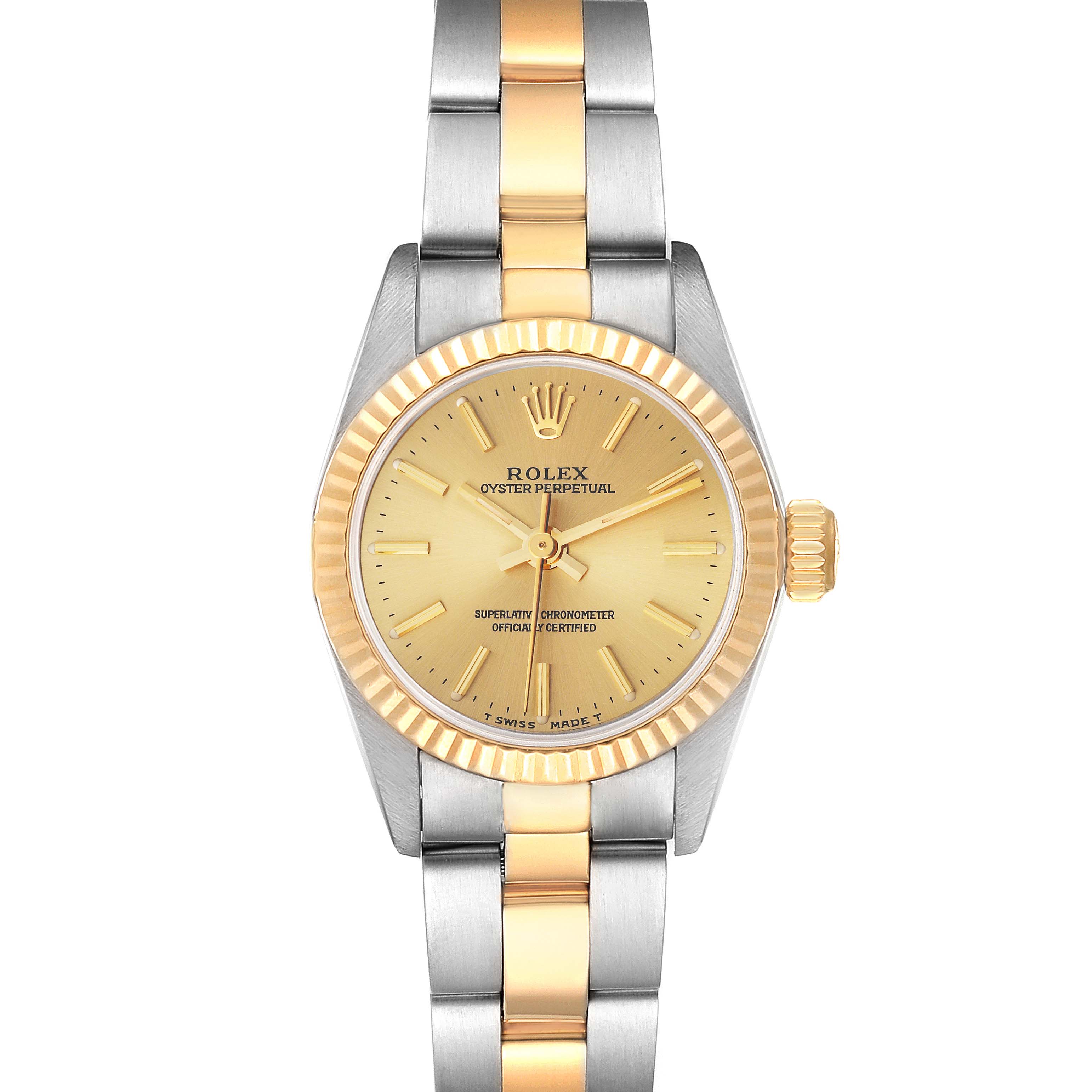 The image shows a front view of a Rolex Oyster Perpetual 67193 Women's Steel and Gold (two tone) Champagne Dial 67193 Women's Steel and Gold (two tone) Champagne Dial watch with a gold and silver band.