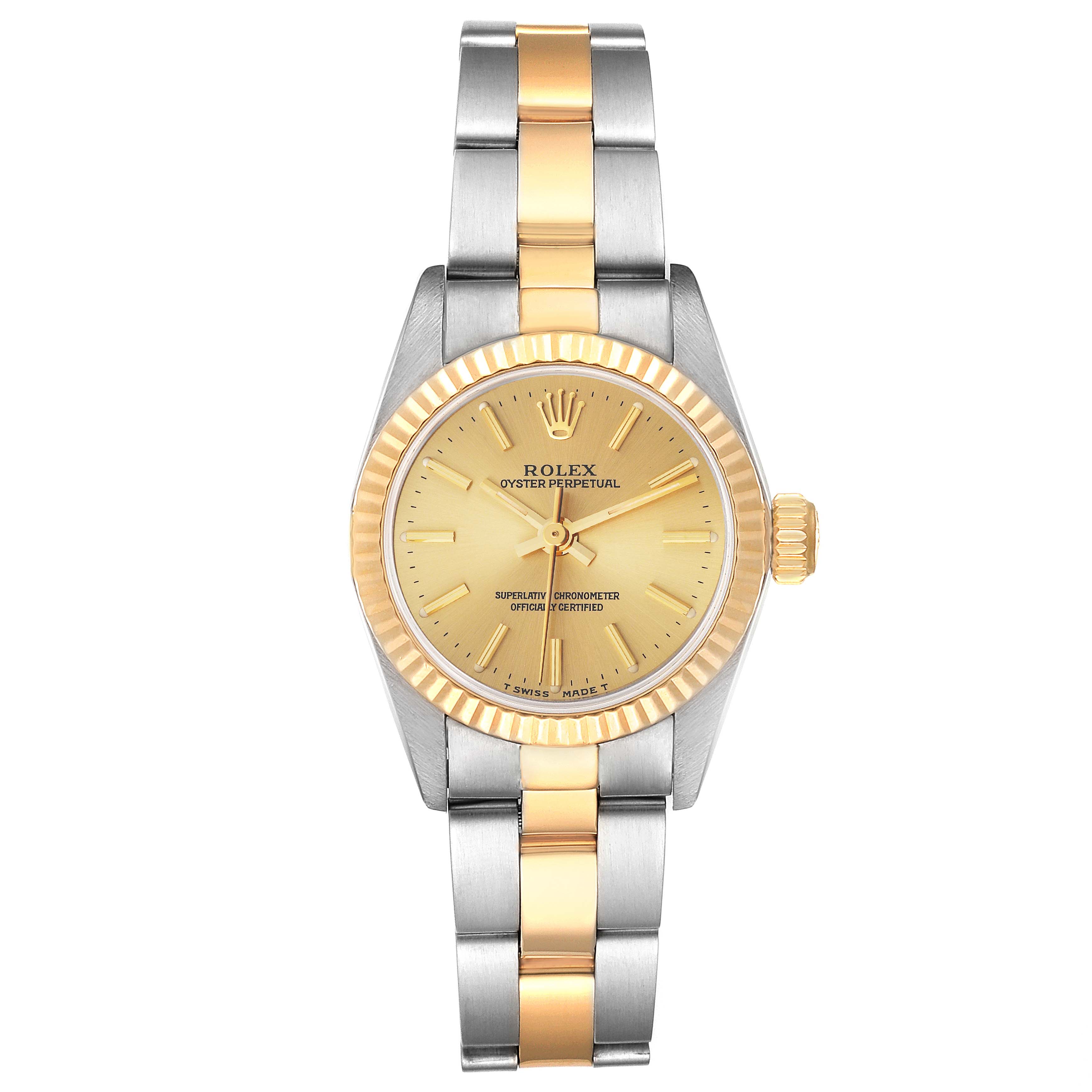 The image shows a front view of a Rolex Oyster Perpetual 67193 Women's Steel and Gold (two tone) Champagne Dial 67193 Women's Steel and Gold (two tone) Champagne Dial watch, highlighting its two-tone bracelet and gold dial.
