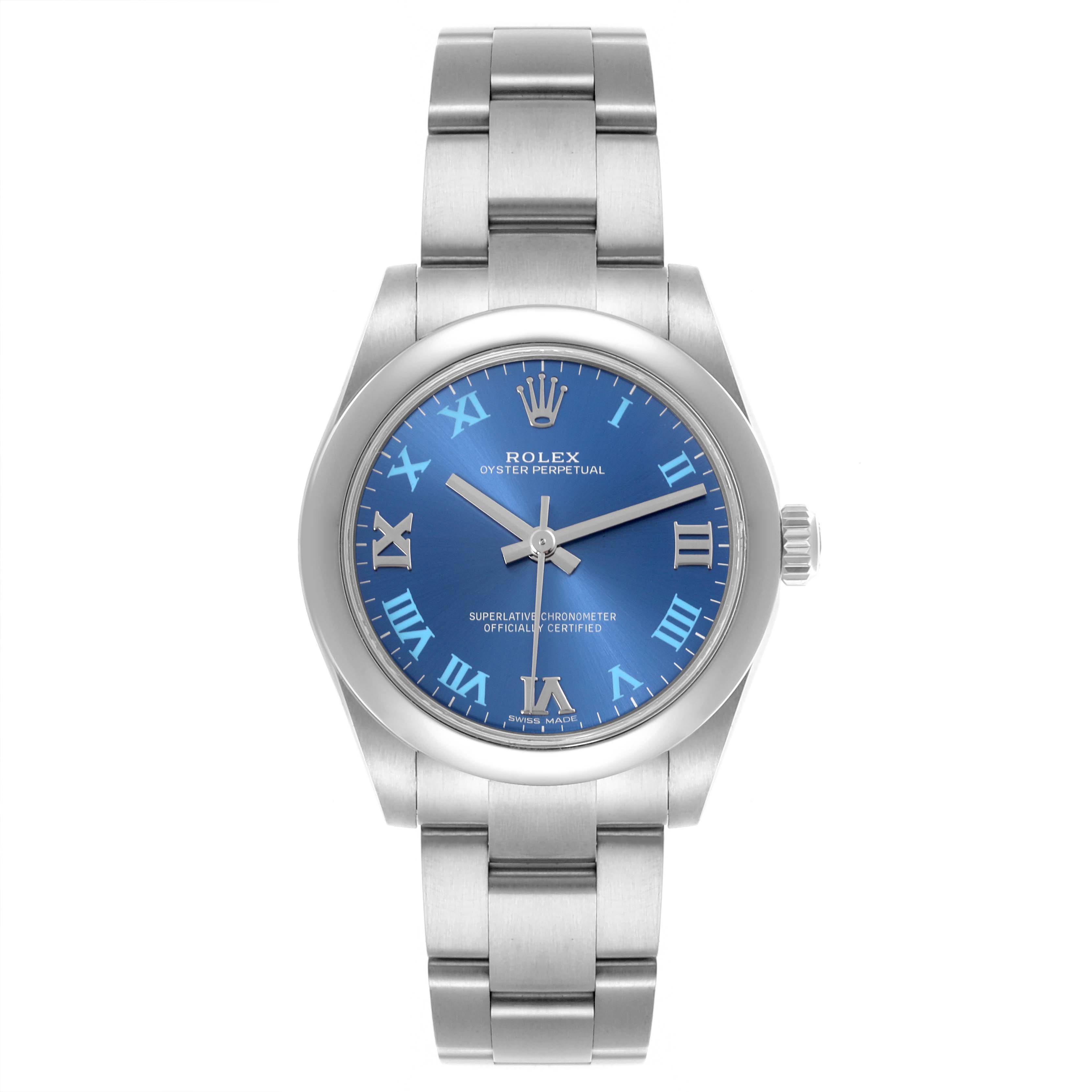 The Rolex watch is shown from a front angle, displaying the dial, bezel, case, and bracelet.