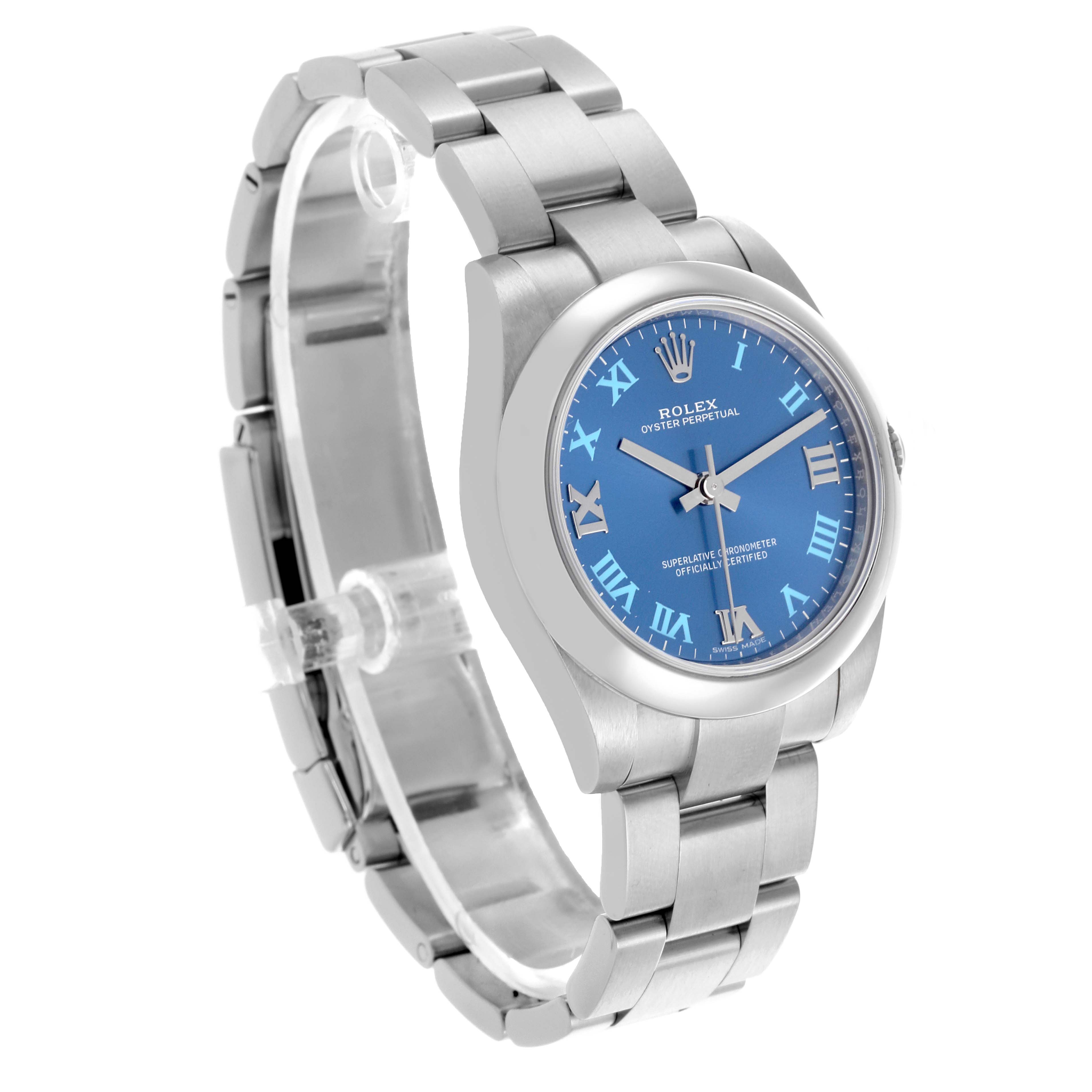The Rolex Mid-Size 177200 Women's Stainless Steel Blue Dial 177200 Women's Stainless Steel Blue Dial watch is shown from a three-quarter angle, displaying the bracelet and blue dial with Roman numerals.