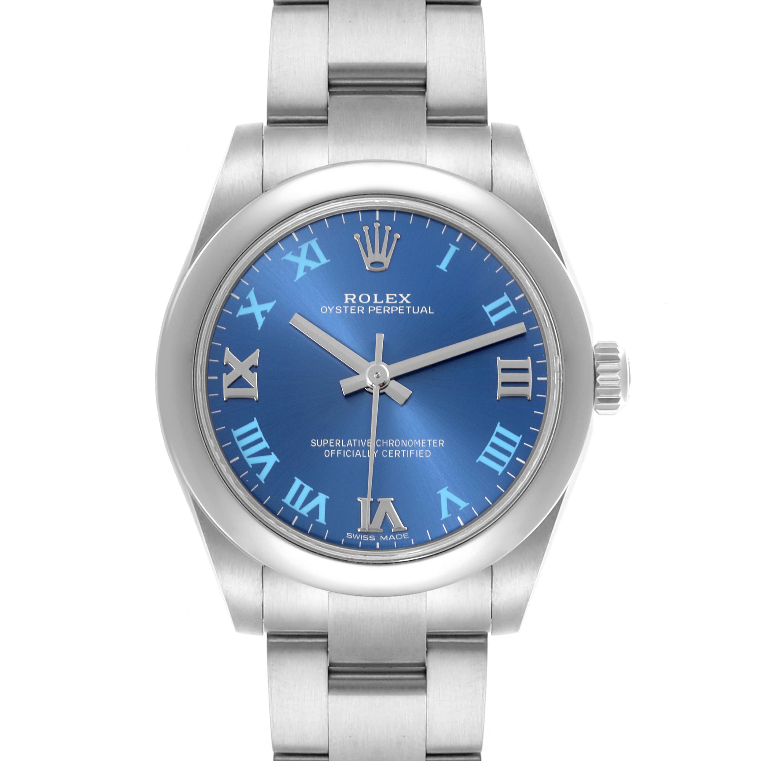 The Rolex Mid-Size 177200 Women's Stainless Steel Blue Dial 177200 Women's Stainless Steel Blue Dial watch is shown from the front, displaying the dial, bezel, and part of the bracelet.