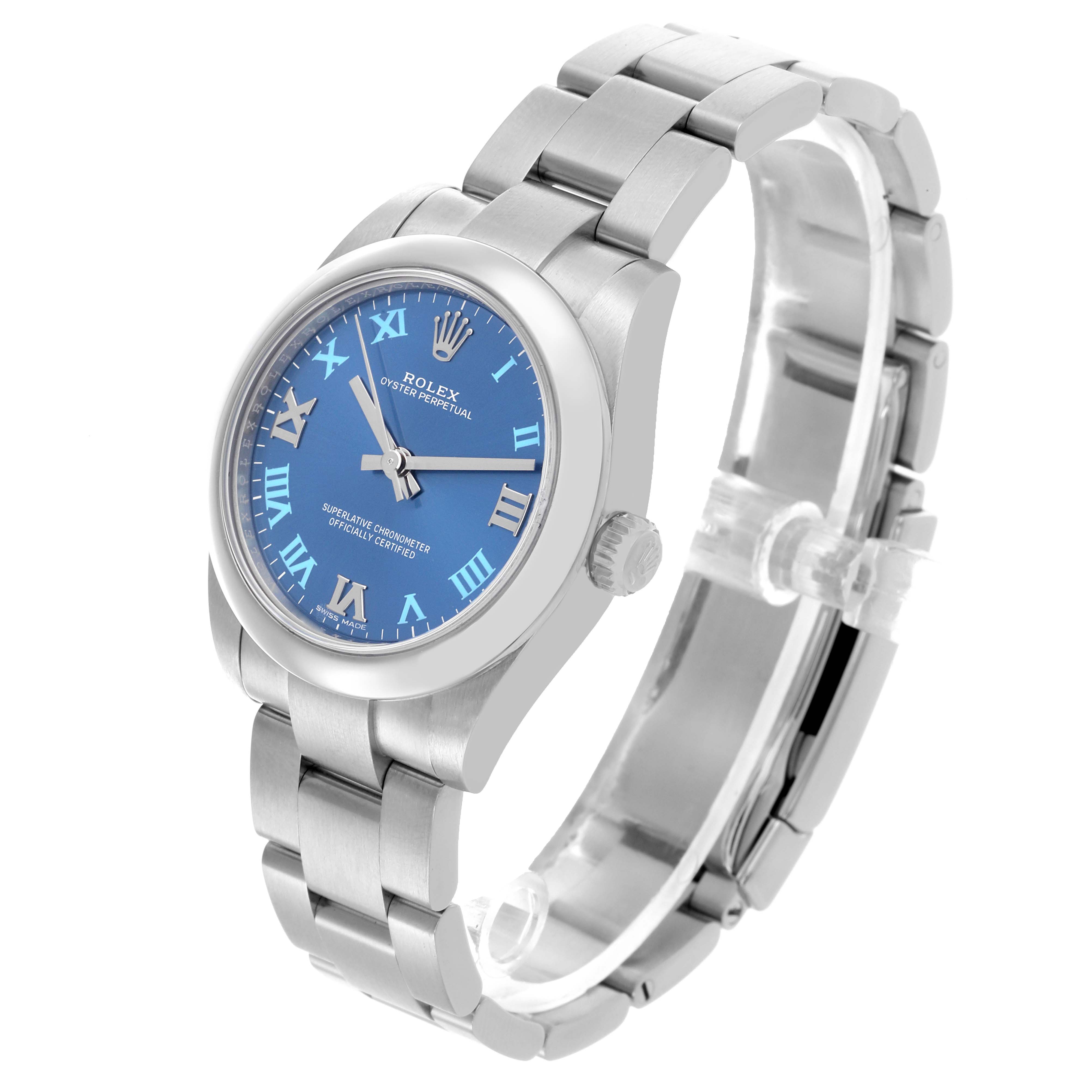 The Rolex Oyster Perpetual Mid-Size watch is shown at a tilted side angle, displaying the dial, bezel, and bracelet.