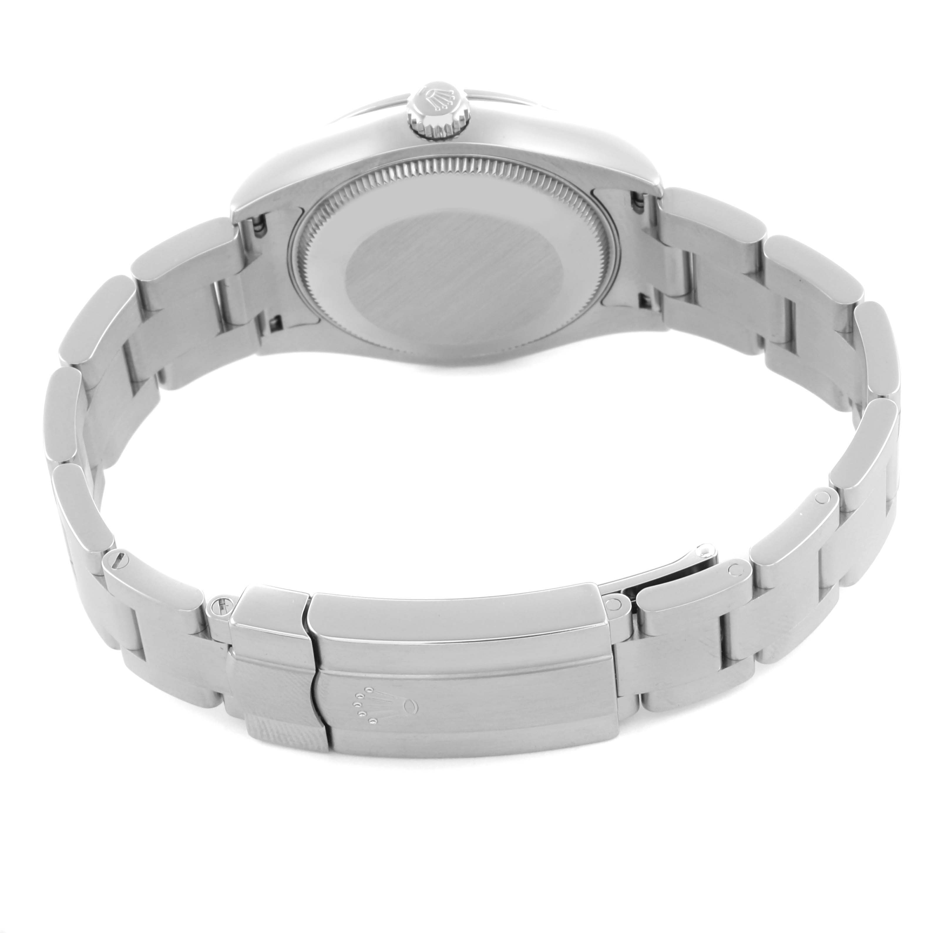 The Rolex Mid-Size 177200 Women's Stainless Steel Blue Dial 177200 Women's Stainless Steel Blue Dial watch is shown from the back, displaying the case back and bracelet.