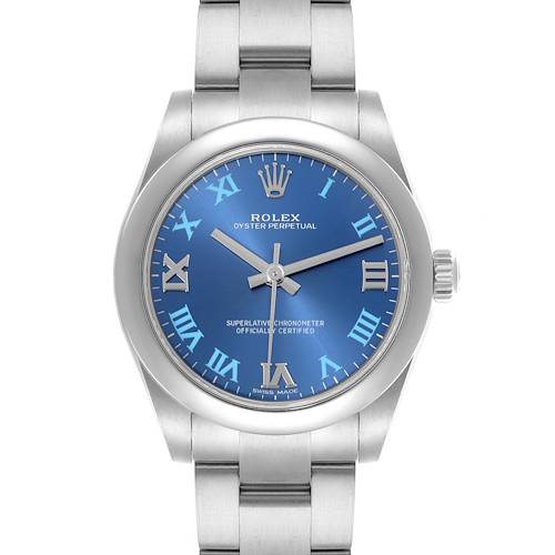 The Rolex Oyster Perpetual Mid-Size watch is shown from the front, displaying the dial, case, and part of the bracelet.