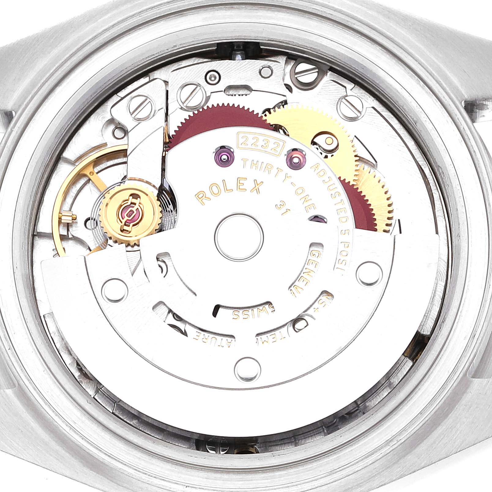 This is a close-up view of the internal movement mechanism of a Rolex Oyster Perpetual 276200 Women's Stainless Steel Blue Dial 276200 Women's Stainless Steel Blue Dial watch.