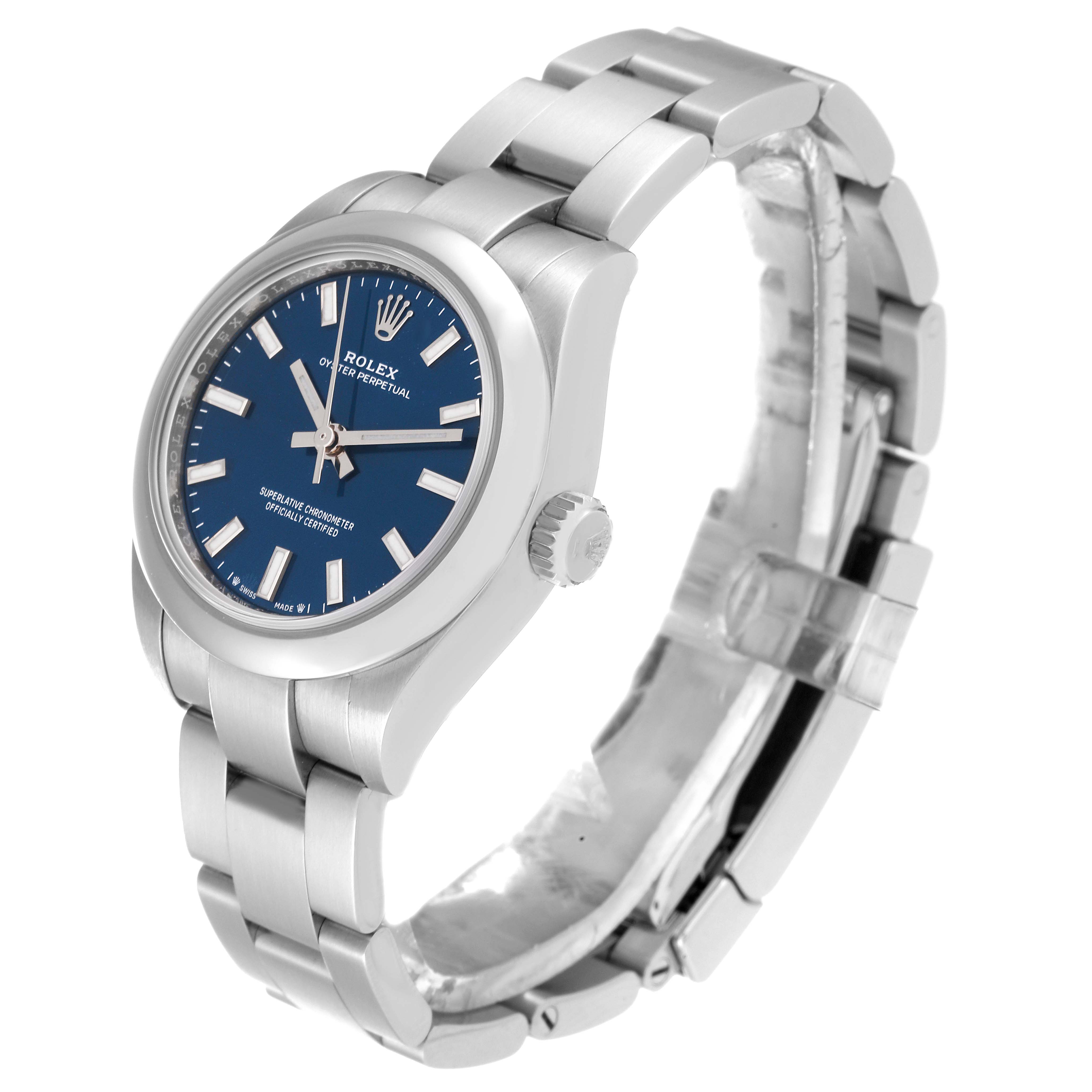 The Rolex Oyster Perpetual 276200 Women's Stainless Steel Blue Dial 276200 Women's Stainless Steel Blue Dial watch is shown from an angled front view, displaying its bracelet, case, and dial.