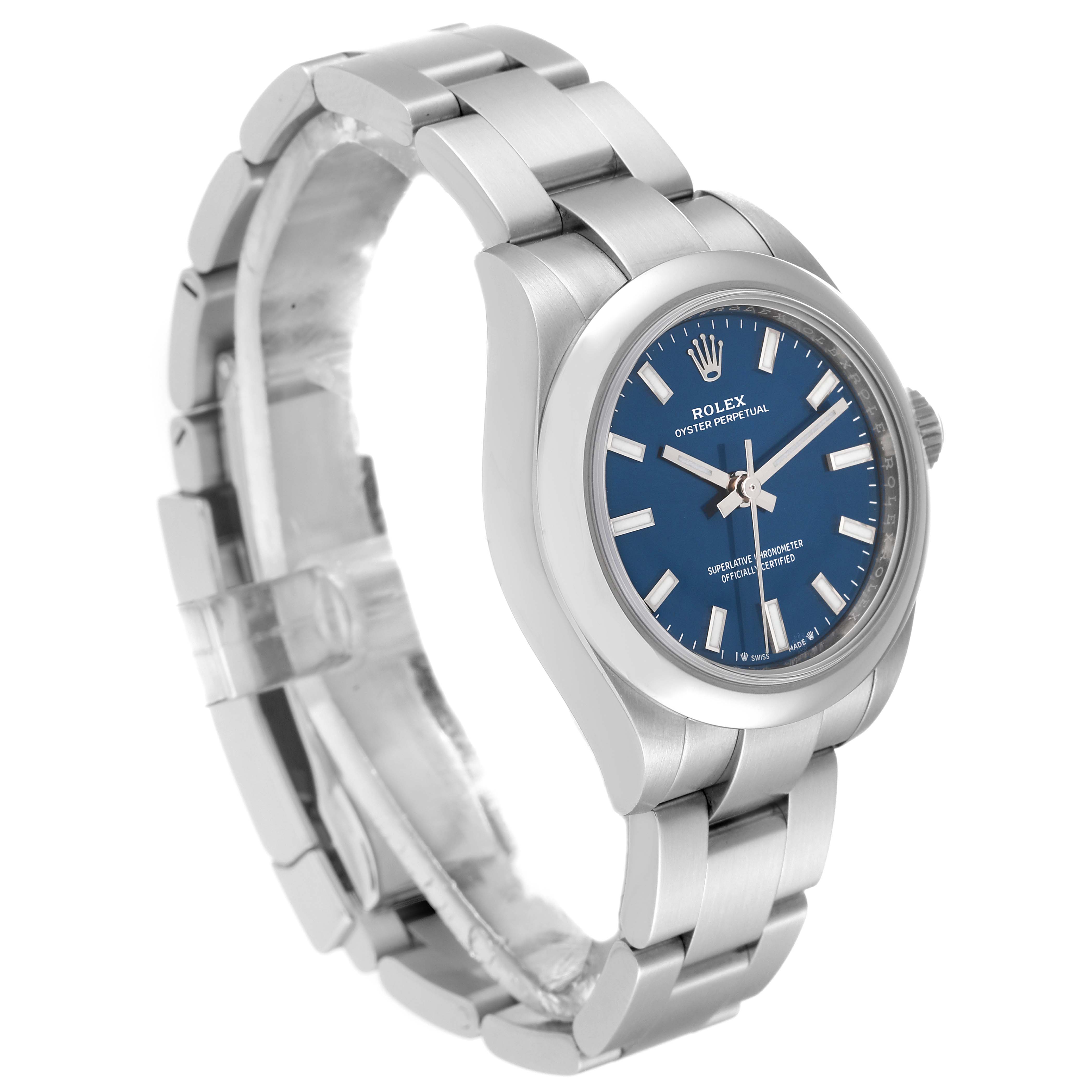 This image shows a Rolex Oyster Perpetual 276200 Women's Stainless Steel Blue Dial 276200 Women's Stainless Steel Blue Dial watch at a slight angle, highlighting its blue dial and metallic bracelet.