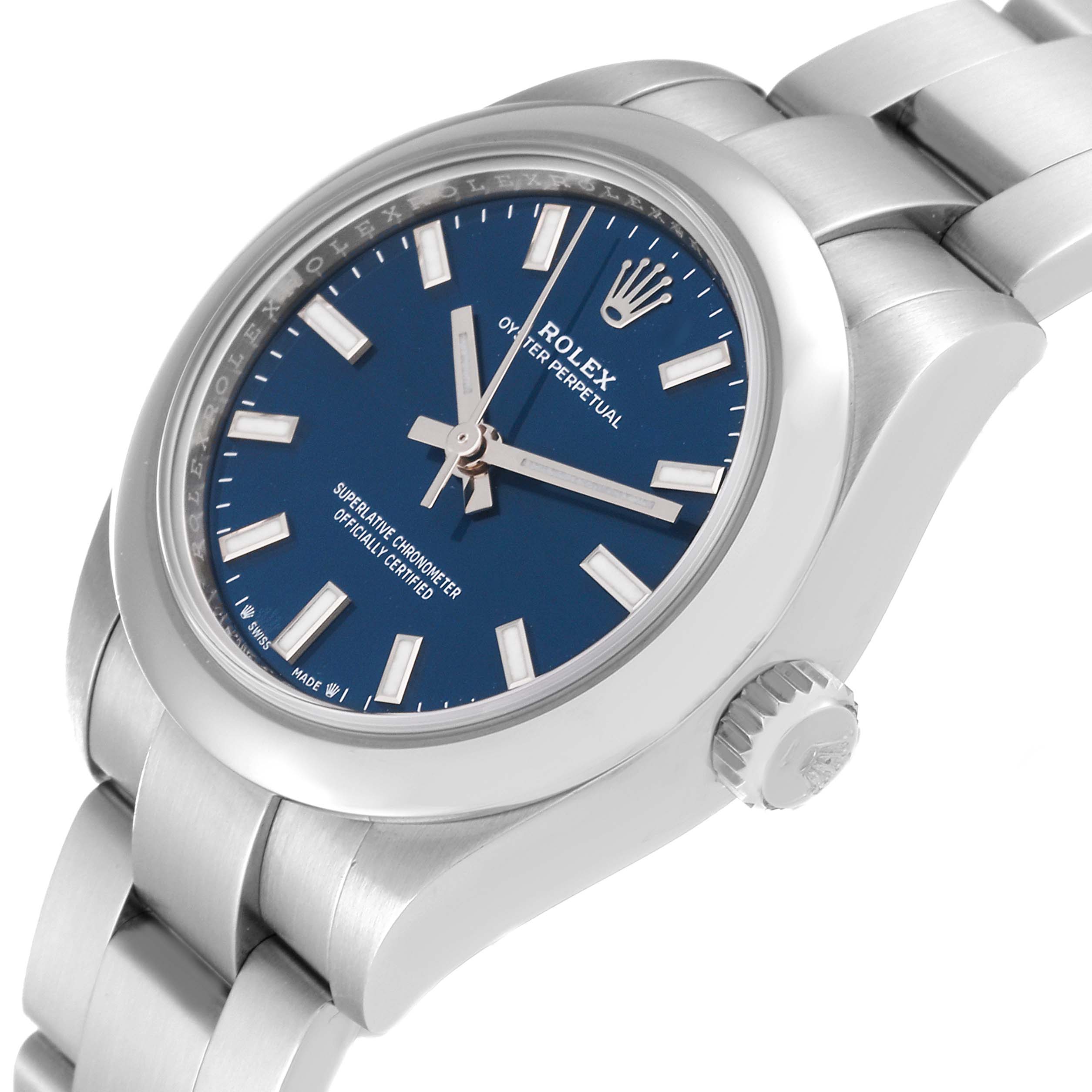 The Rolex Oyster Perpetual 276200 Women's Stainless Steel Blue Dial 276200 Women's Stainless Steel Blue Dial watch is shown at an angle highlighting the case, blue dial, crown, and part of the bracelet.