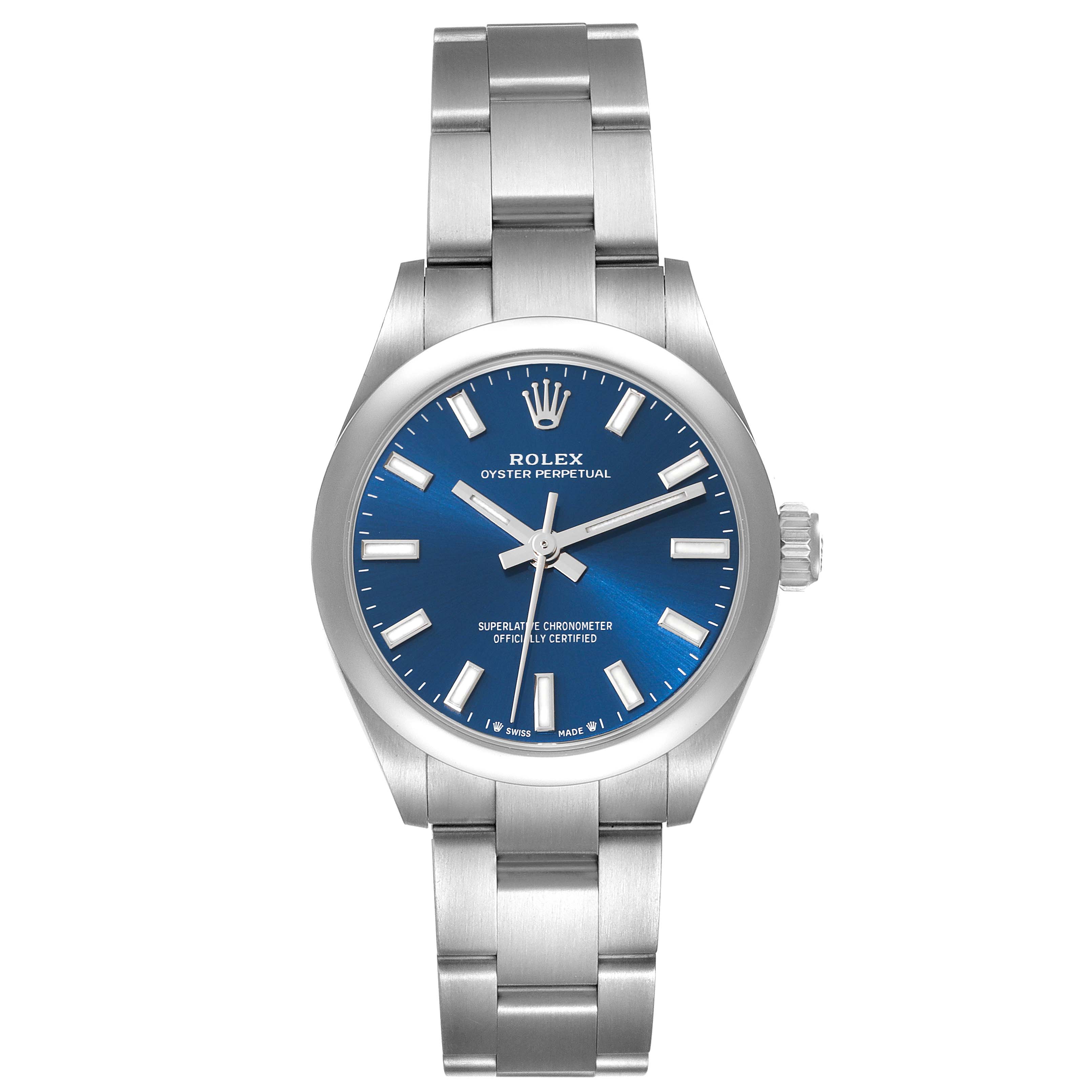 This image shows a front view of a Rolex Oyster Perpetual 276200 Women's Stainless Steel Blue Dial 276200 Women's Stainless Steel Blue Dial watch, featuring a blue dial, hour markers, hands, and stainless steel bracelet.