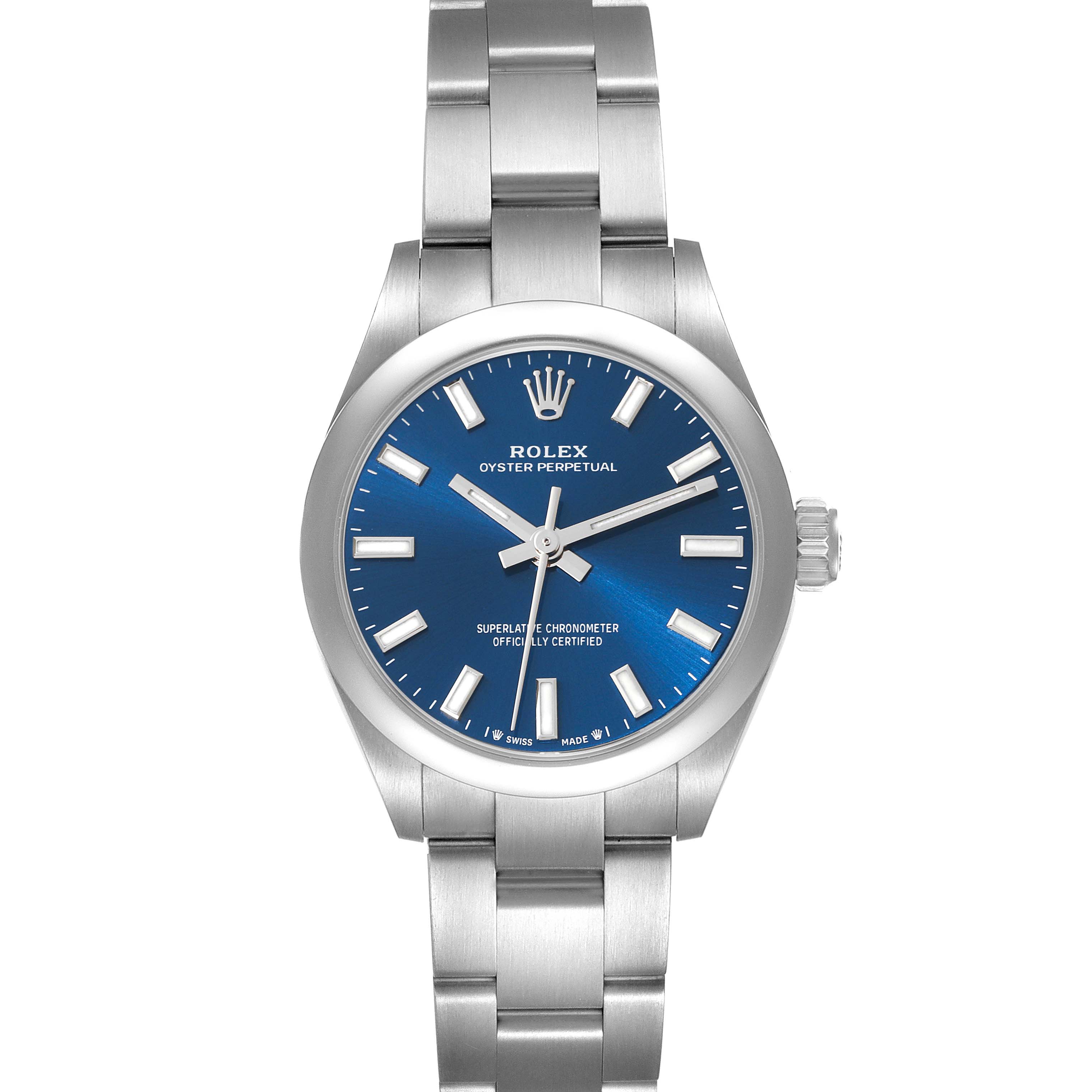 The image shows a front view of a Rolex Oyster Perpetual 276200 Women's Stainless Steel Blue Dial 276200 Women's Stainless Steel Blue Dial watch with a blue dial and stainless steel bracelet.
