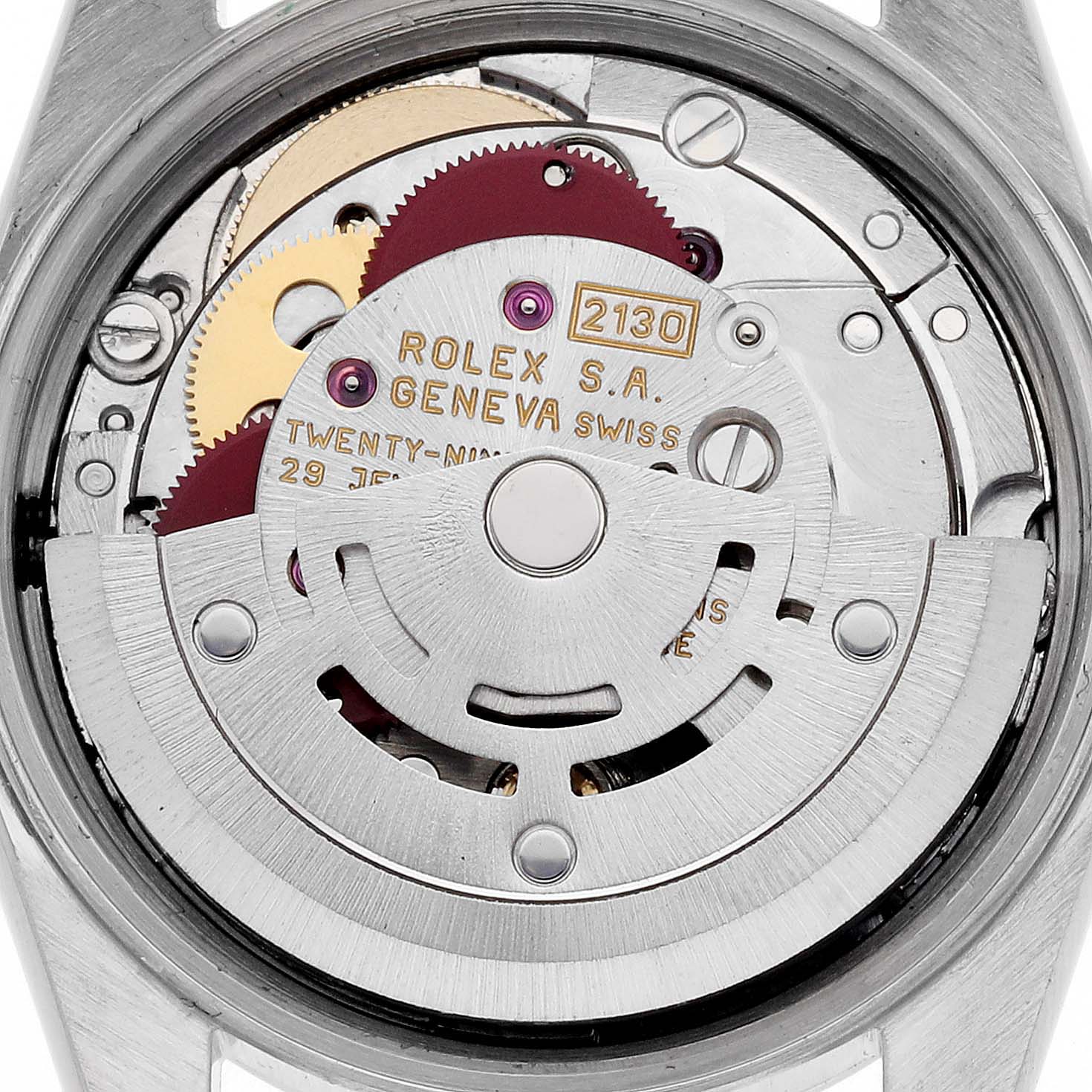 This image shows the movement of a Rolex Oyster Perpetual 67180 Women's Stainless Steel Pink Dial 67180 Women's Stainless Steel Pink Dial watch from a top-down angle.