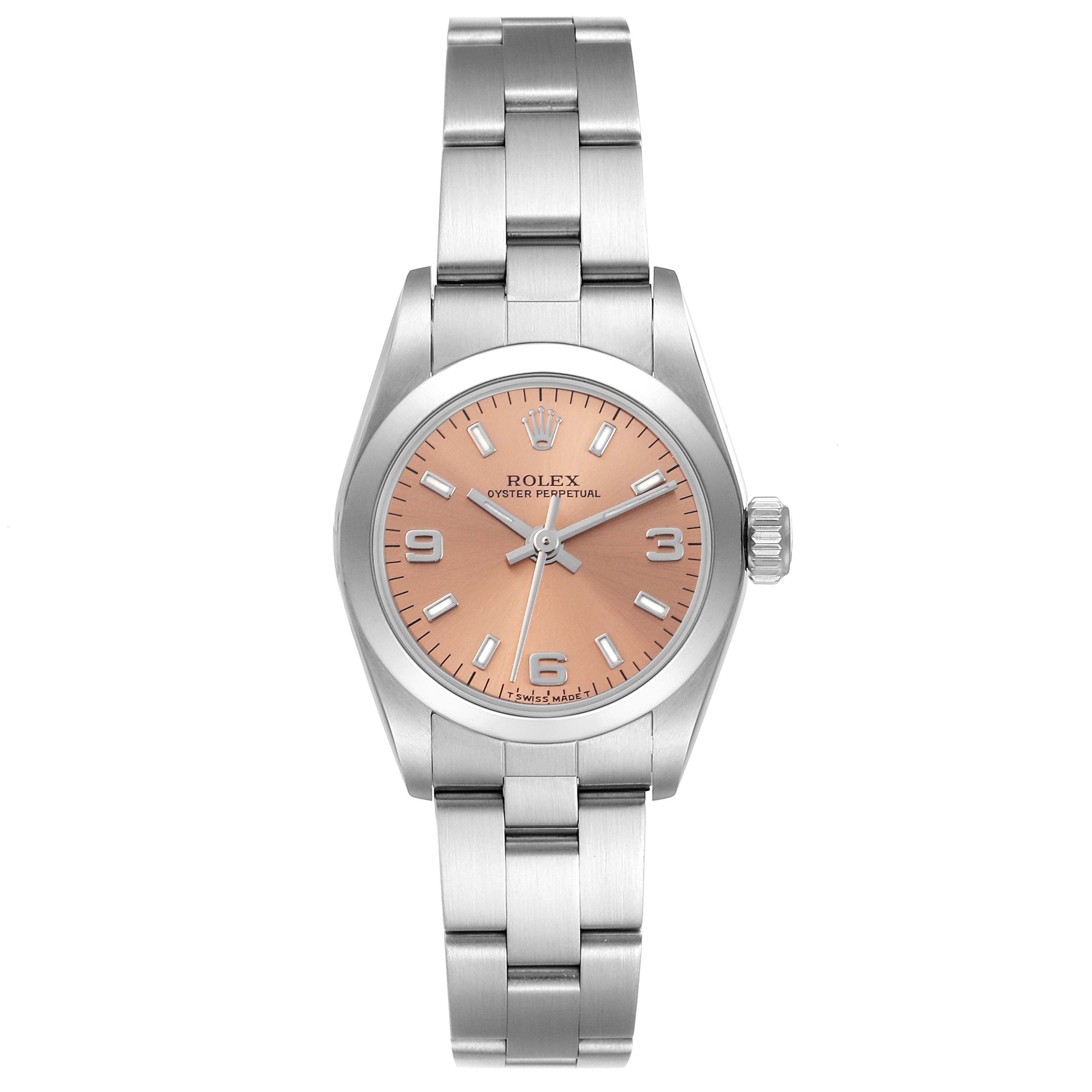 The Rolex Oyster Perpetual 67180 Women's Stainless Steel Pink Dial 67180 Women's Stainless Steel Pink Dial watch is shown from a top-down angle, displaying the dial, bracelet, and crown.
