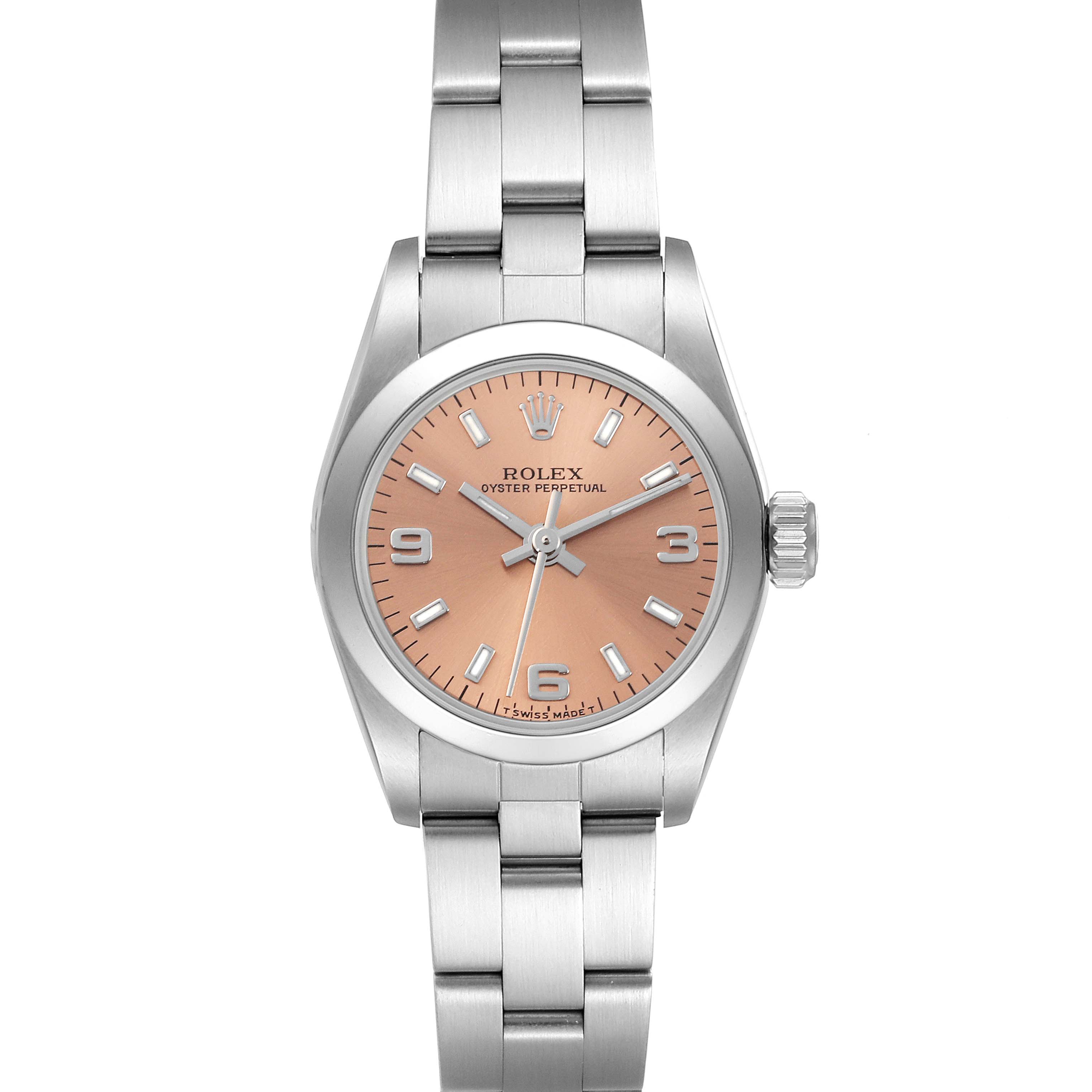 The Rolex Oyster Perpetual 67180 Women's Stainless Steel Pink Dial 67180 Women's Stainless Steel Pink Dial watch is shown from a top-down angle, highlighting the face, bezel, and bracelet.