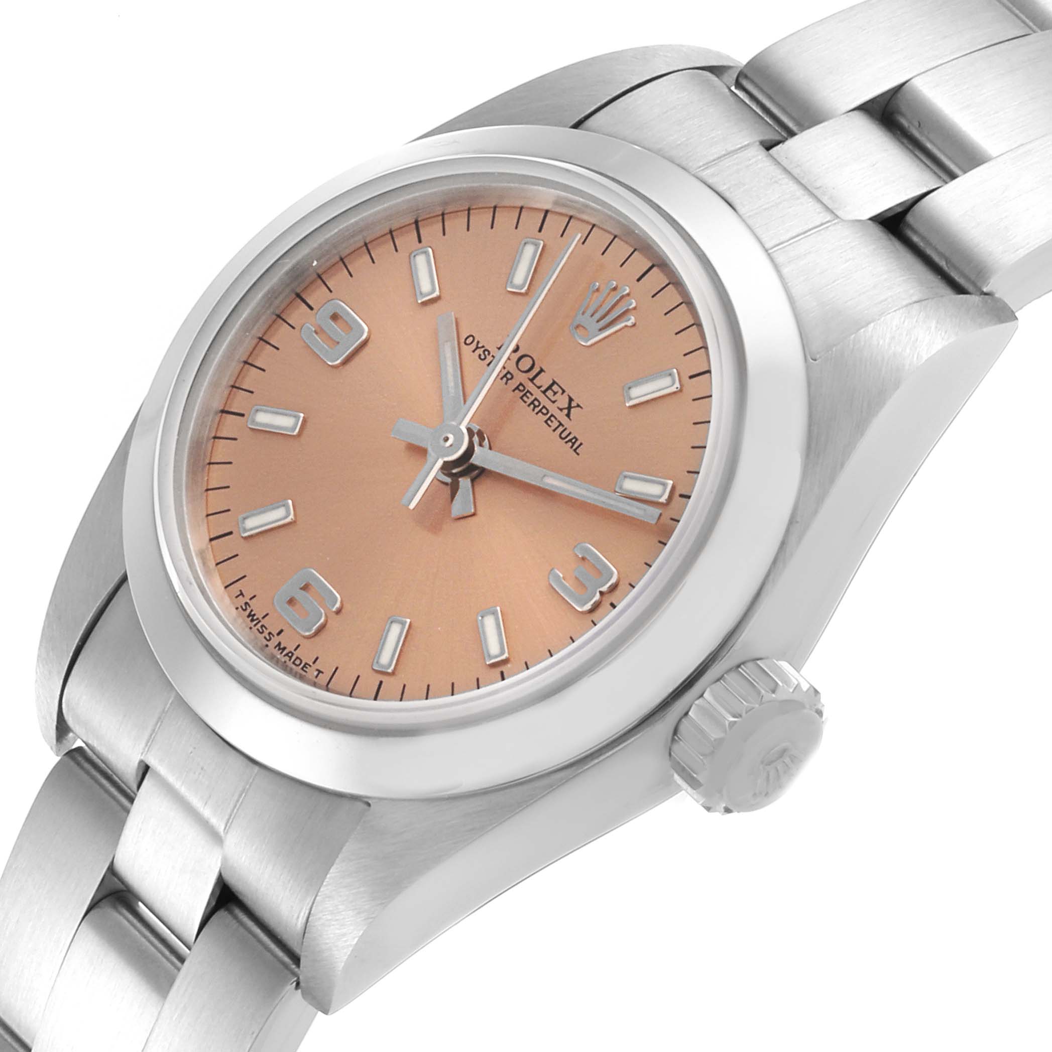 The image shows a Rolex Oyster Perpetual 67180 Women's Stainless Steel Pink Dial 67180 Women's Stainless Steel Pink Dial watch at an angled close-up, highlighting the dial, bezel, crown, and part of the bracelet.