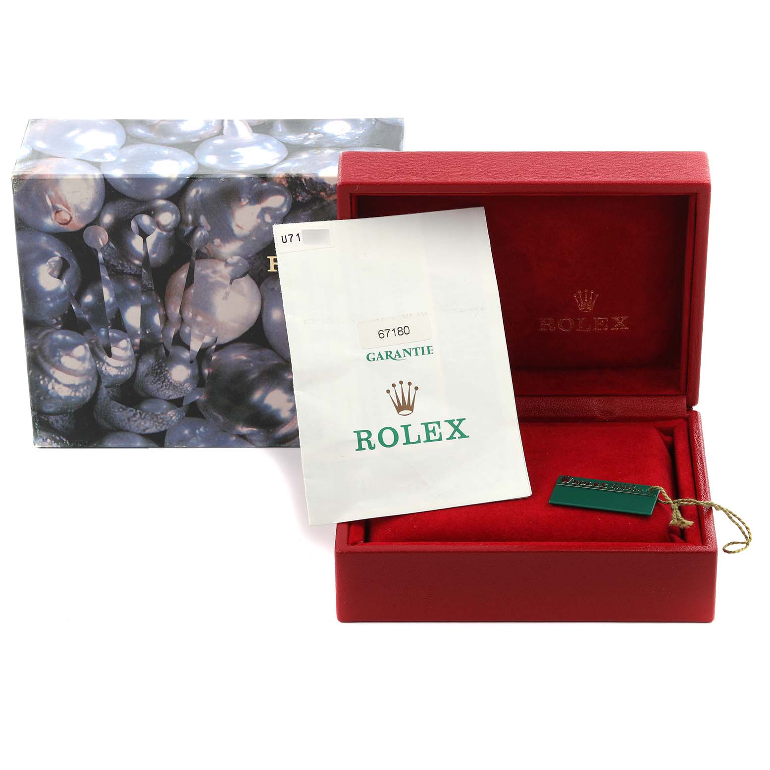 The image shows a Rolex Oyster Perpetual 67180 Women's Stainless Steel Pink Dial 67180 Women's Stainless Steel Pink Dial box, warranty card, and tag, viewed from above.