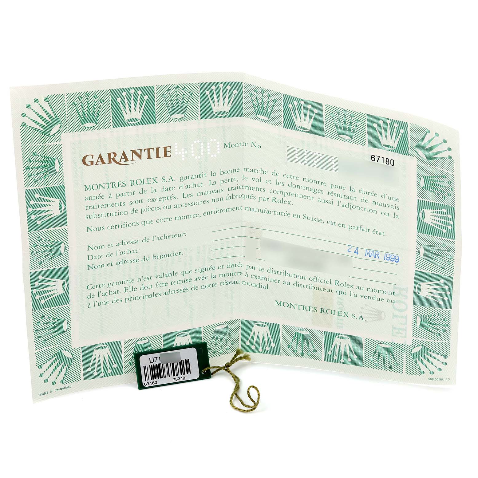 The image shows a warranty certificate and tag for a Rolex Oyster Perpetual 67180 Women's Stainless Steel Pink Dial 67180 Women's Stainless Steel Pink Dial watch.