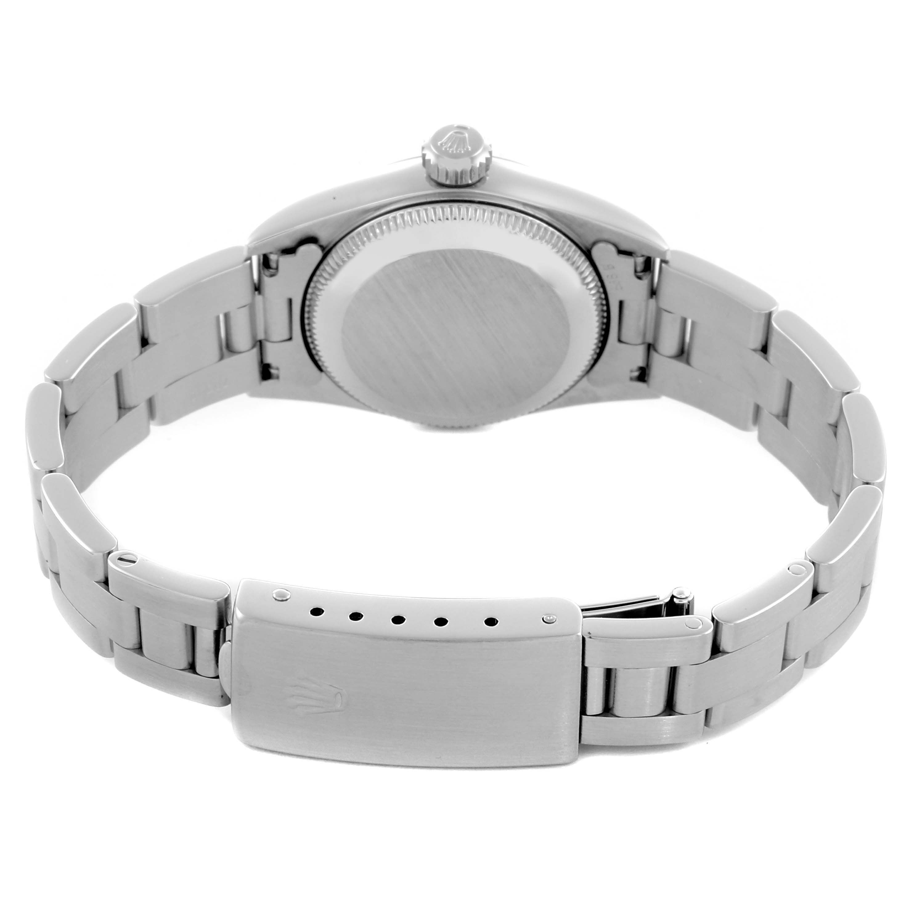 The Rolex Oyster Perpetual 67180 Women's Stainless Steel Pink Dial 67180 Women's Stainless Steel Pink Dial watch is shown from the back, displaying the case back, bracelet, and clasp.