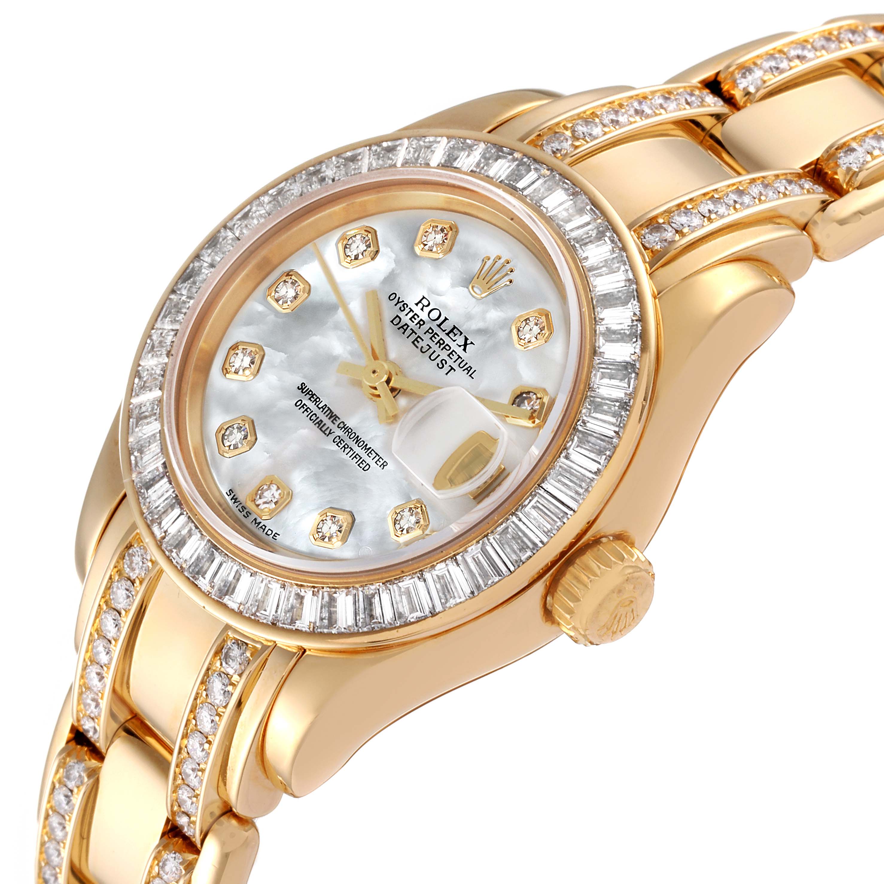 The image shows a close-up of the Rolex Pearlmaster 80308 Women's Yellow Gold Mother of Pearl Dial 80308 Women's Yellow Gold Mother of Pearl Dial watch, highlighting its face, crown, and diamond-studded bracelet.