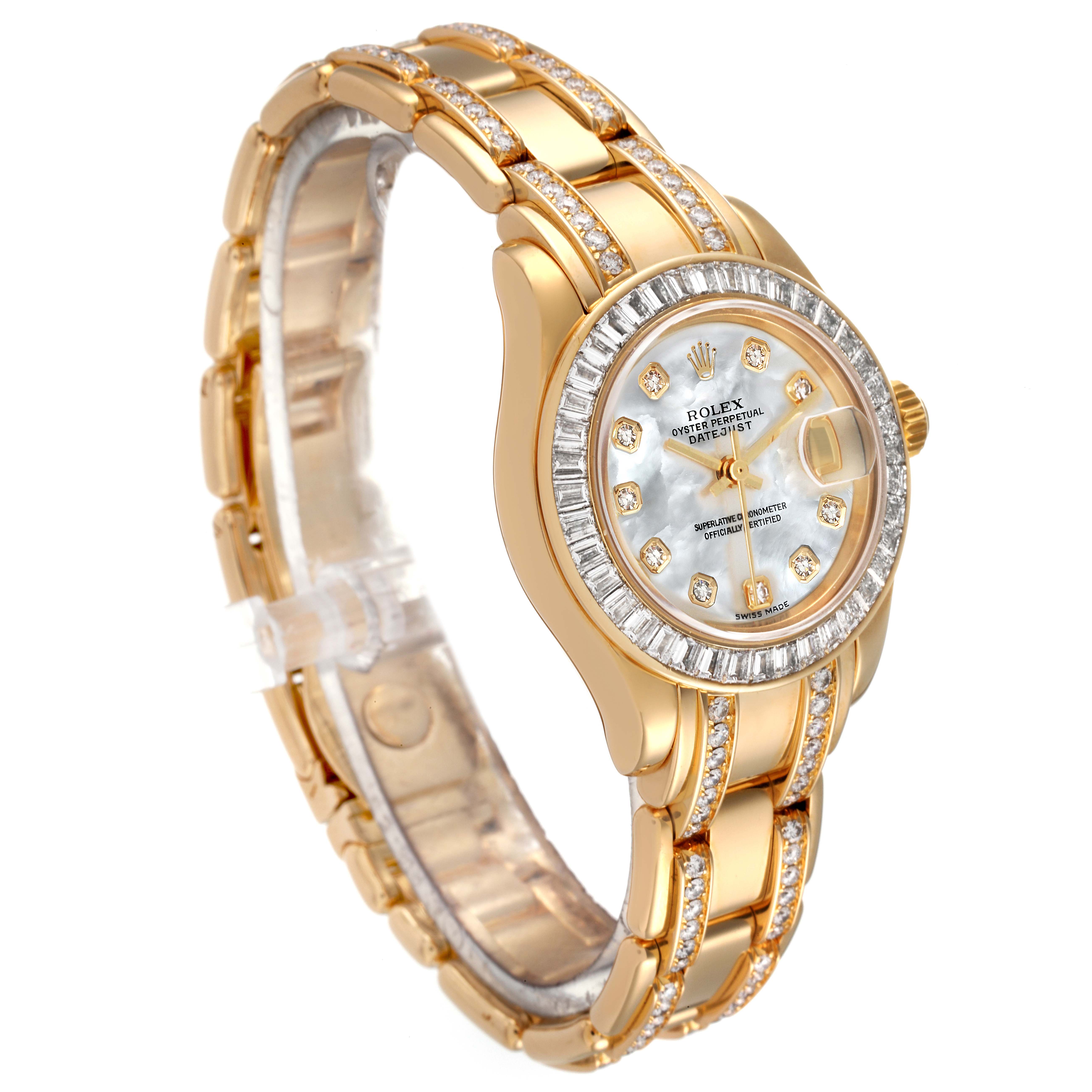 This image shows a Rolex Pearlmaster 80308 Women's Yellow Gold Mother of Pearl Dial 80308 Women's Yellow Gold Mother of Pearl Dial watch at a three-quarter angle, highlighting its face, bracelet, and diamond accents.