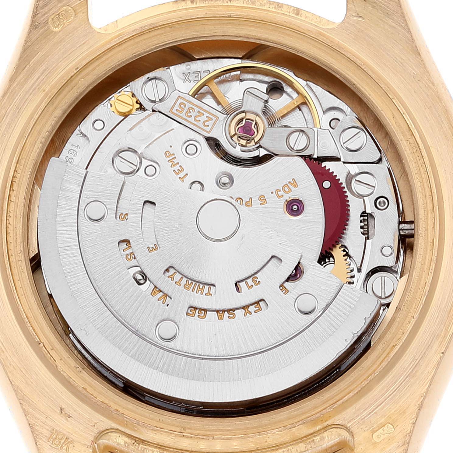 The image shows the inner mechanical movement of a Rolex Pearlmaster 80308 Women's Yellow Gold Mother of Pearl Dial 80308 Women's Yellow Gold Mother of Pearl Dial watch, viewed from the back.