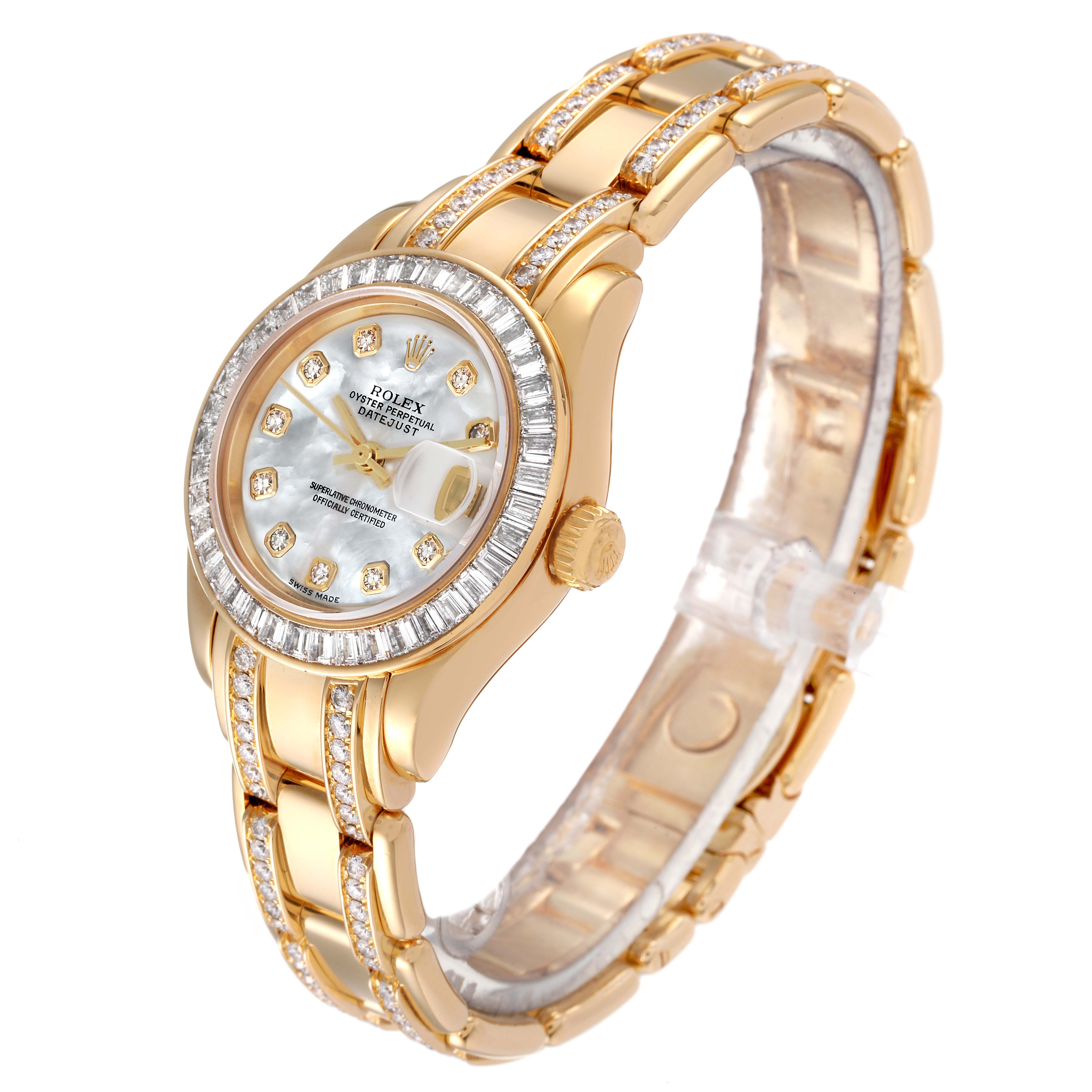 This image shows the Rolex Pearlmaster 80308 Women's Yellow Gold Mother of Pearl Dial 80308 Women's Yellow Gold Mother of Pearl Dial watch at a slight angle, highlighting its gold case, bracelet, and diamond-encrusted bezel and dial.