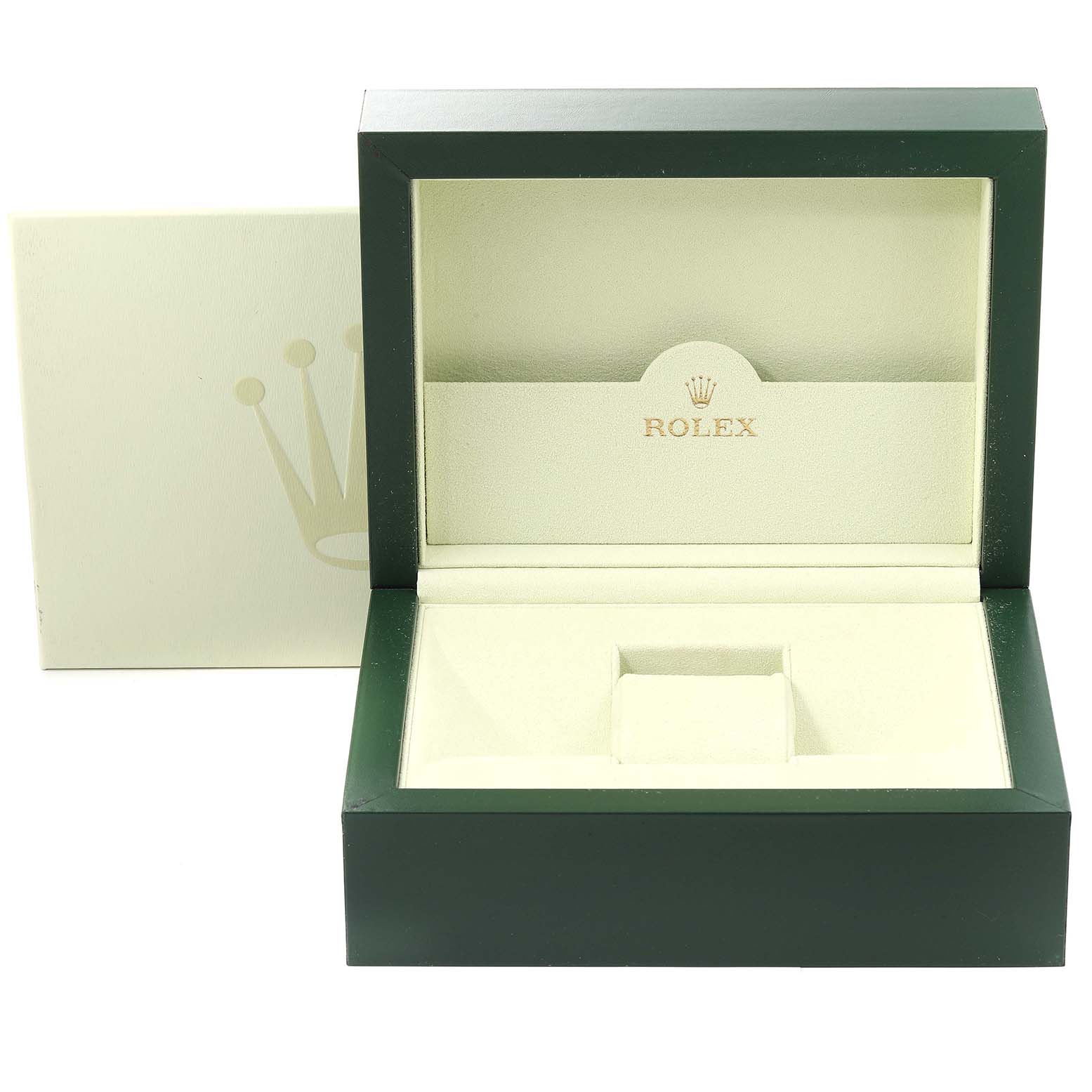 This image shows an open green and beige Rolex watch box for the Pearlmaster model.