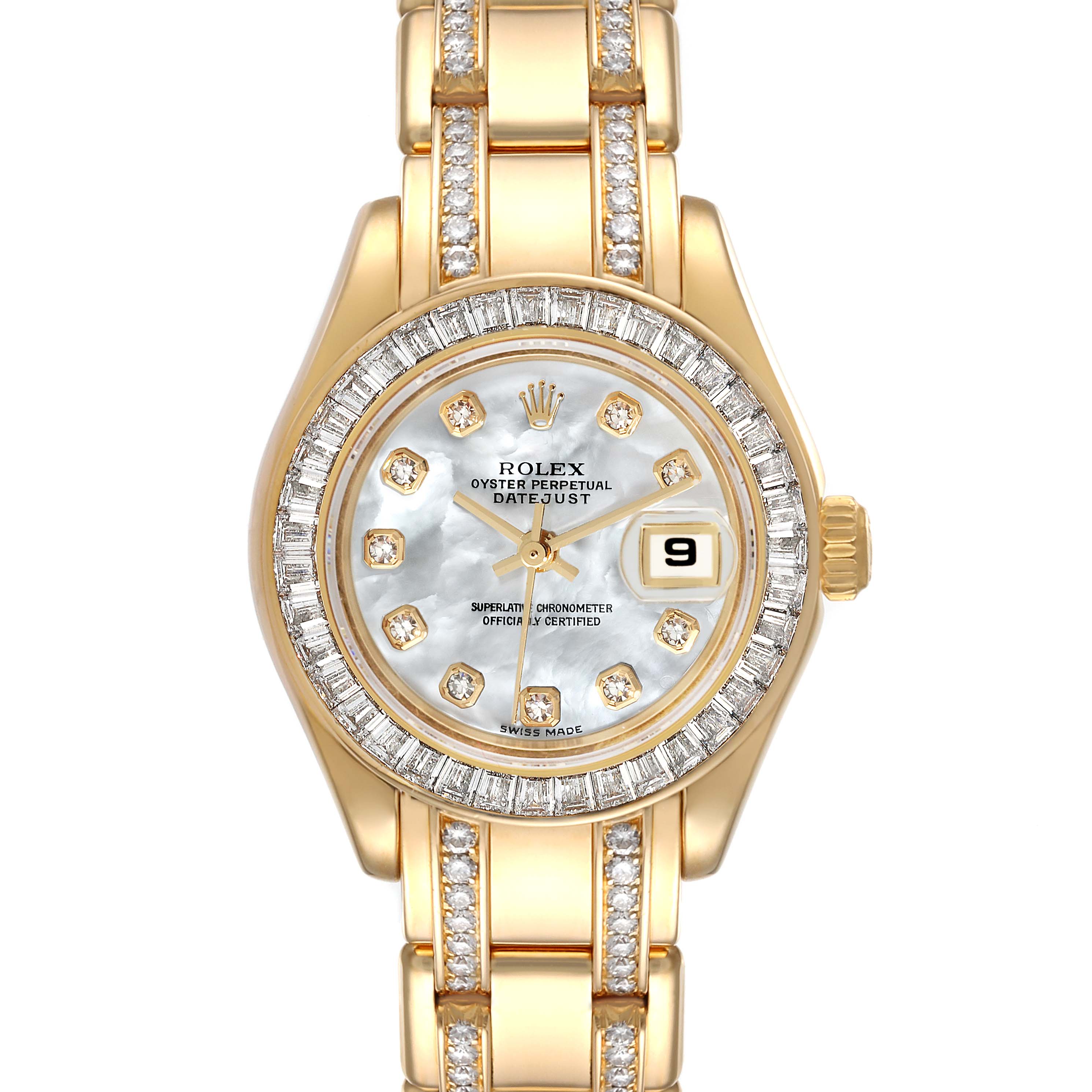 The image shows a frontal view of the Rolex Pearlmaster 80308 Women's Yellow Gold Mother of Pearl Dial 80308 Women's Yellow Gold Mother of Pearl Dial watch, highlighting its gold case, diamond markers, mother-of-pearl dial, and band.