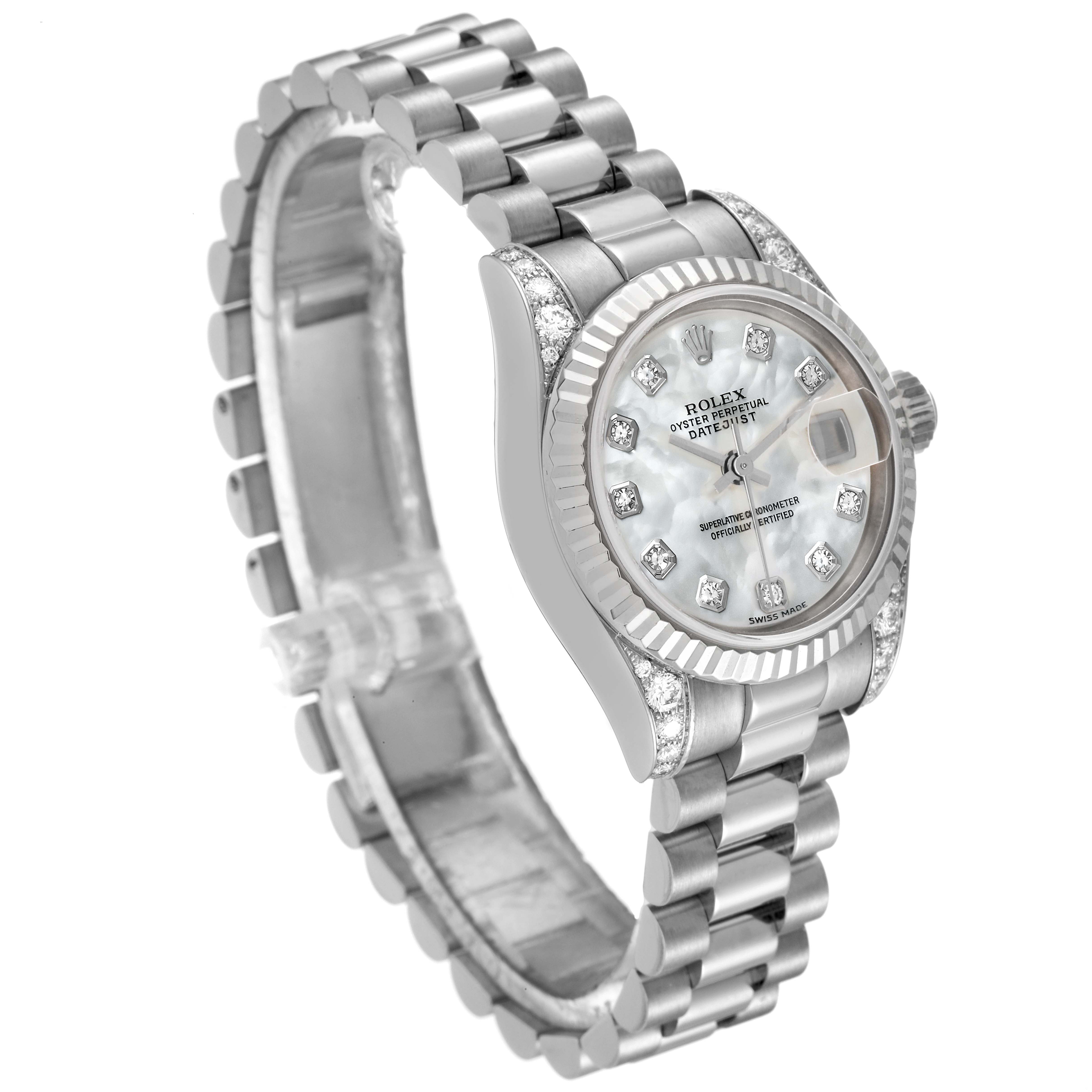The image displays a side-angle view of the Rolex President 179239 Women's White Gold Mother of Pearl Dial 179239 Women's White Gold Mother of Pearl Dial model watch, showcasing its dial, bezel, and bracelet.